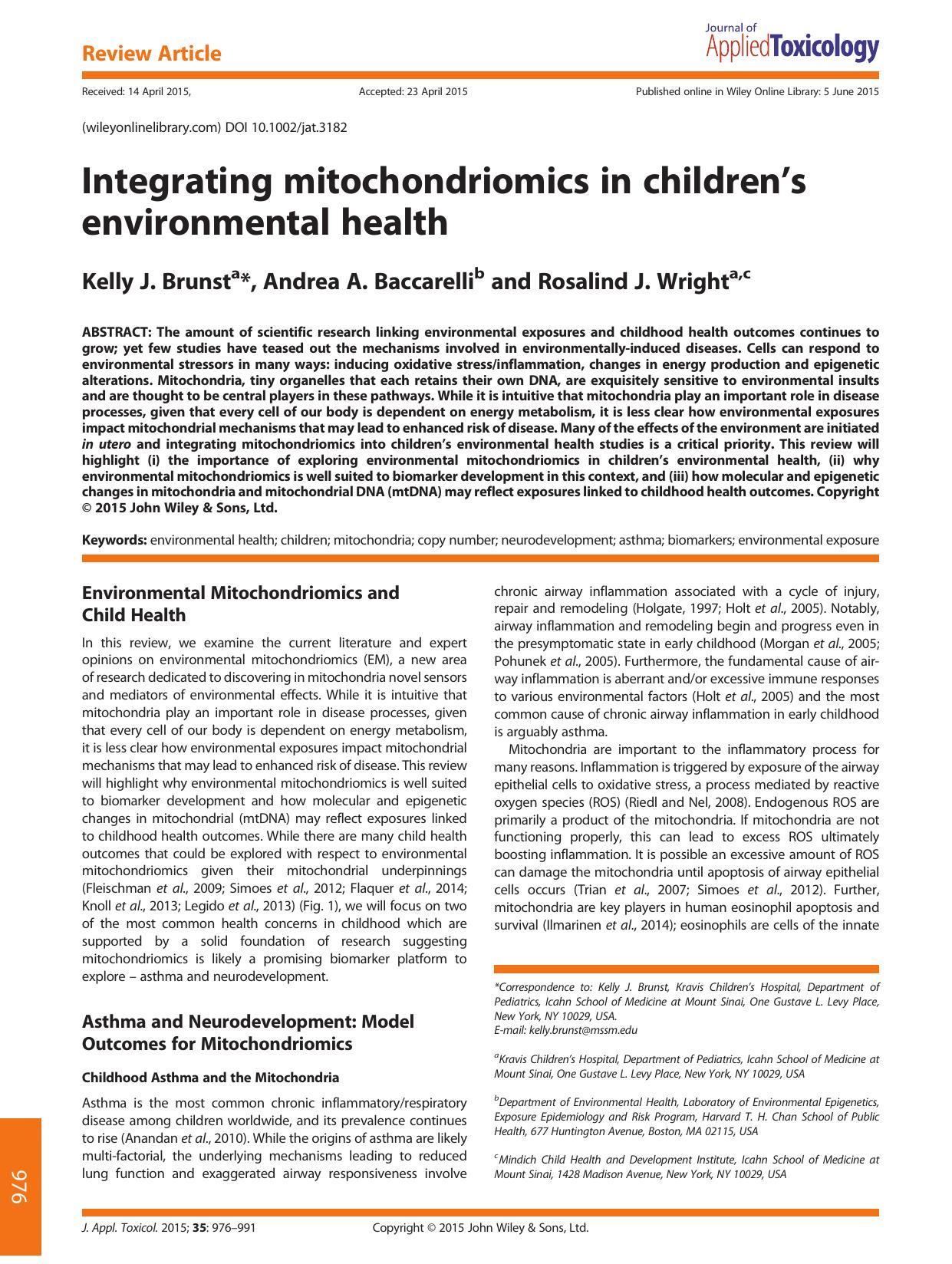 Integrating mitochondriomics in children's environmental health by Kelly J. Brunst & Andrea A. Baccarelli & Rosalind J. Wright