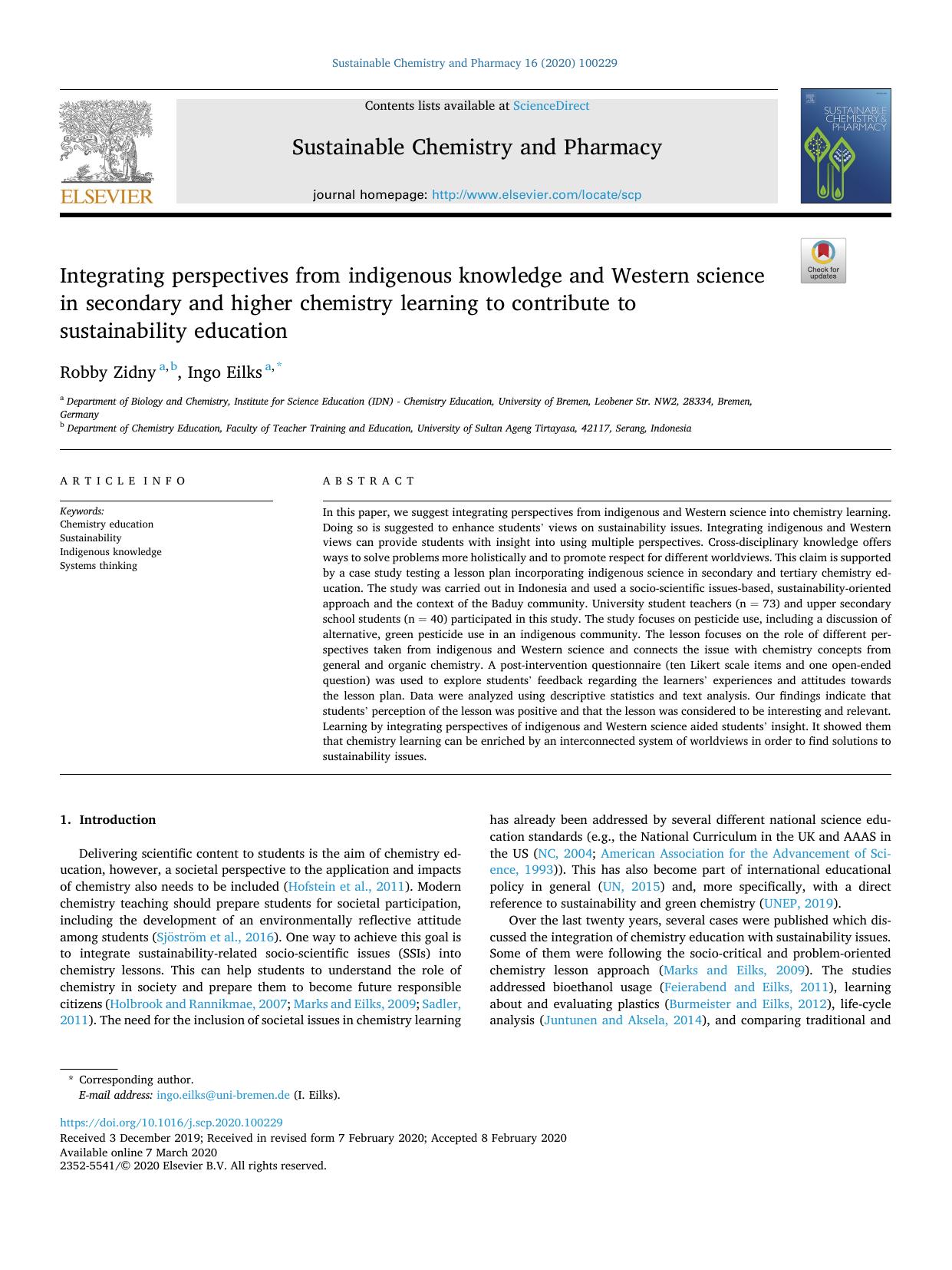 Integrating perspectives from indigenous knowledge and Western science in secondary and higher chemistry learning to contribute to sustainability education by Robby Zidny & Ingo Eilks