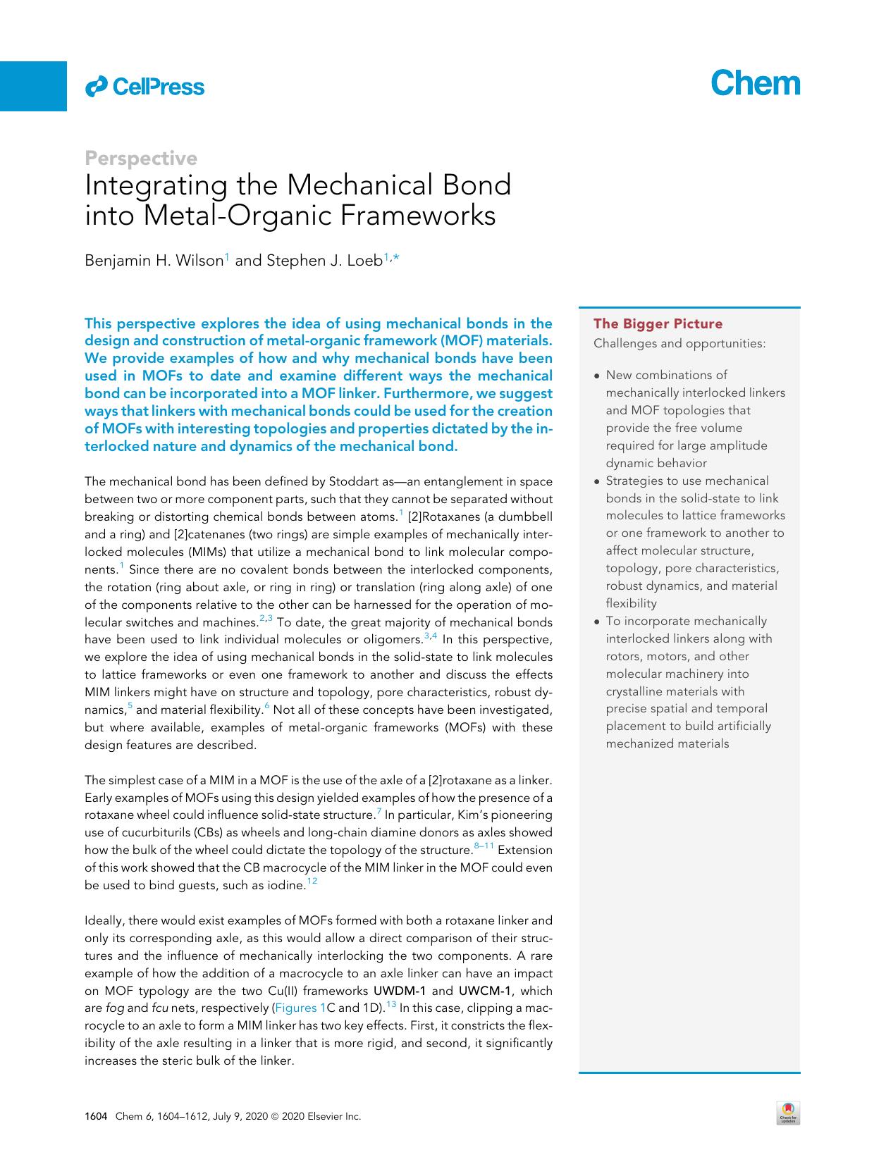 Integrating the Mechanical Bond into Metal-Organic Frameworks by Benjamin H. Wilson & Stephen J. Loeb