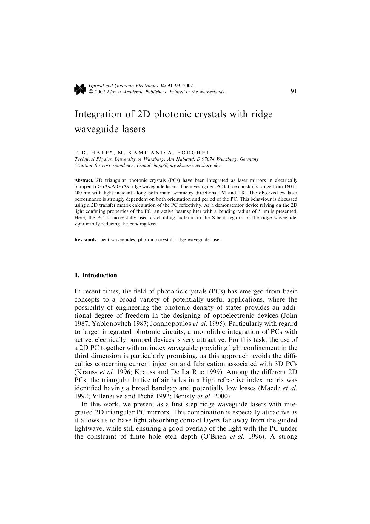 Integration of 2D photonic crystals with ridge waveguide lasers by Unknown