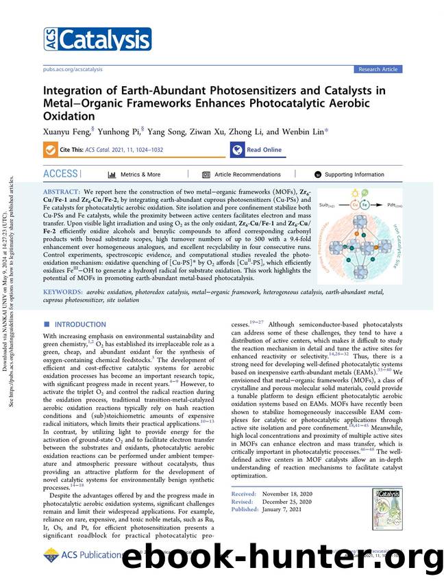 Integration of Earth-Abundant Photosensitizers and Catalysts in MetalâOrganic Frameworks Enhances Photocatalytic Aerobic Oxidation by Xuanyu Feng Yunhong Pi Yang Song Ziwan Xu Zhong Li & Wenbin Lin