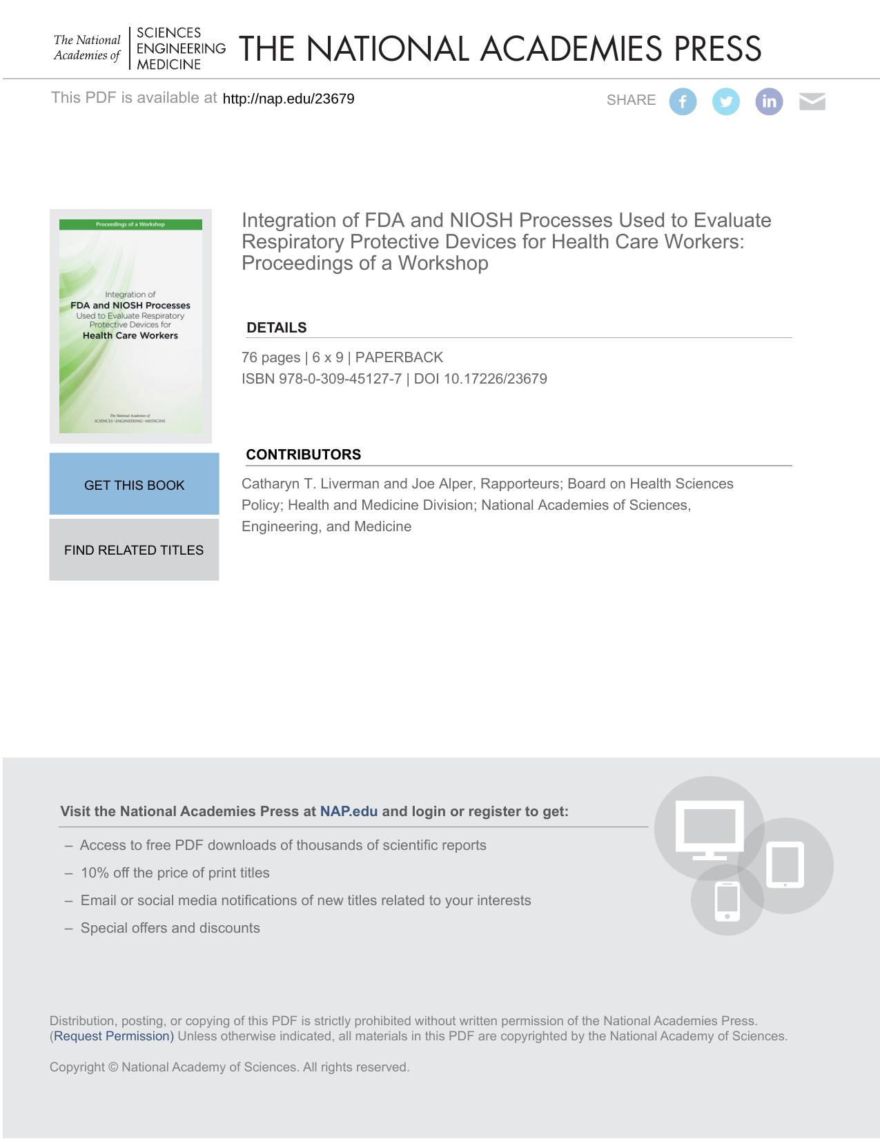 Integration of FDA and NIOSH Processes Used to Evaluate Respiratory Protective Devices for Health Care Workers: Proceedings of by unknow