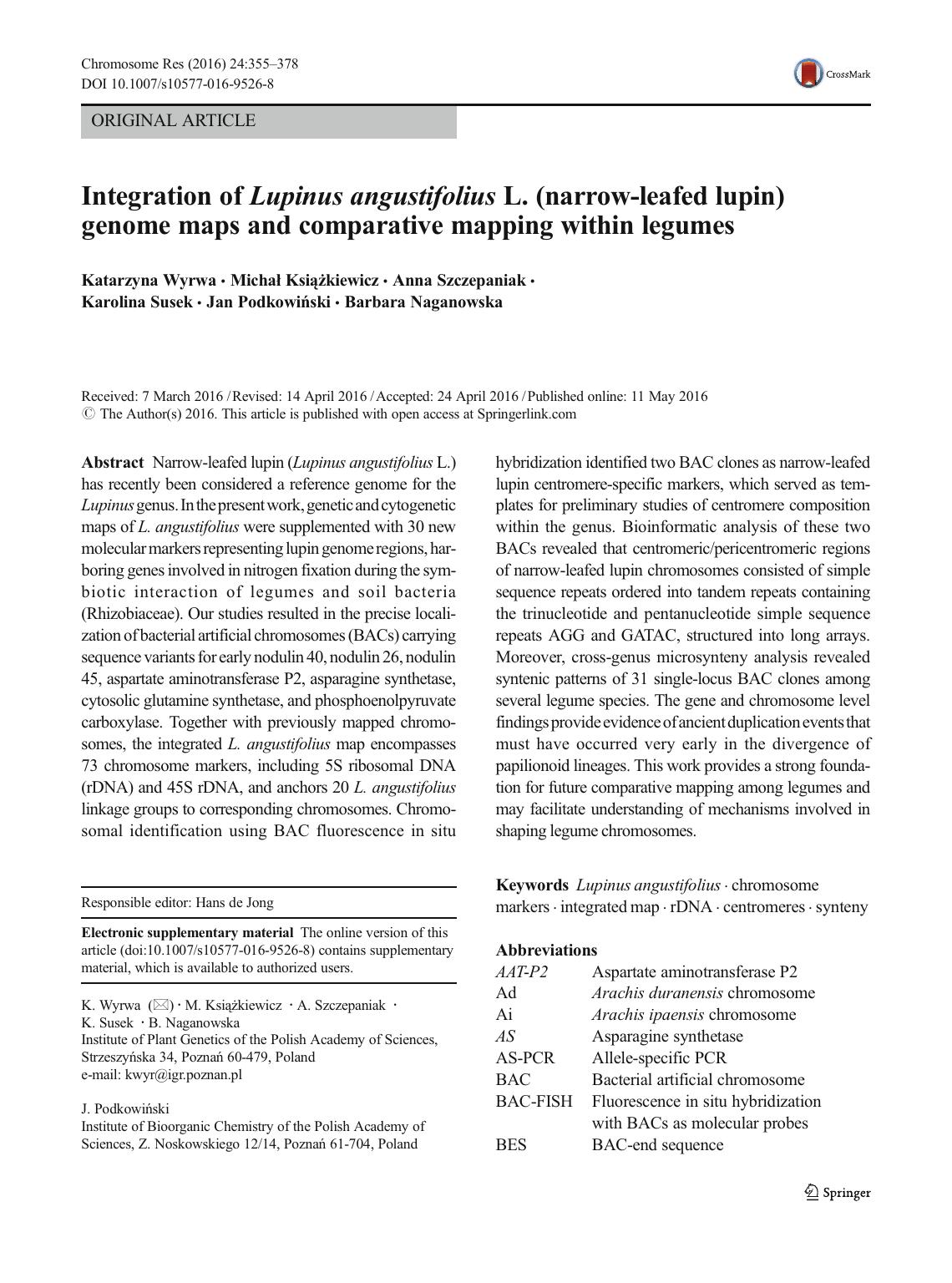 Integration of Lupinus angustifolius L. (narrow-leafed lupin) genome maps and comparative mapping within legumes by unknow