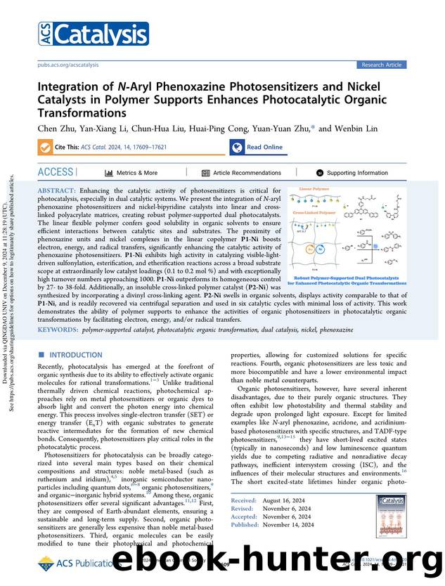 Integration of N-Aryl Phenoxazine Photosensitizers and Nickel Catalysts in Polymer Supports Enhances Photocatalytic Organic Transformations by Chen Zhu Yan-Xiang Li Chun-Hua Liu Huai-Ping Cong Yuan-Yuan Zhu & Wenbin Lin