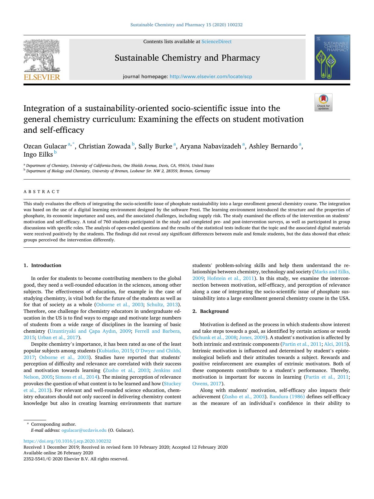 Integration of a sustainability-oriented socio-scientific issue into the general chemistry curriculum: Examining the effects on student motivation and self-efficacy by Ozcan Gulacar & Christian Zowada & Sally Burke & Aryana Nabavizadeh & Ashley Bernardo & Ingo Eilks