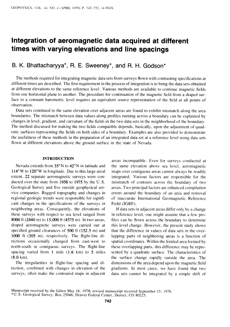 Integration of aeromagnetic data acquired at different times with varying elevations and line spacings by Bhattacharyya B. K.; Sweeney R. E.; Godson R. H