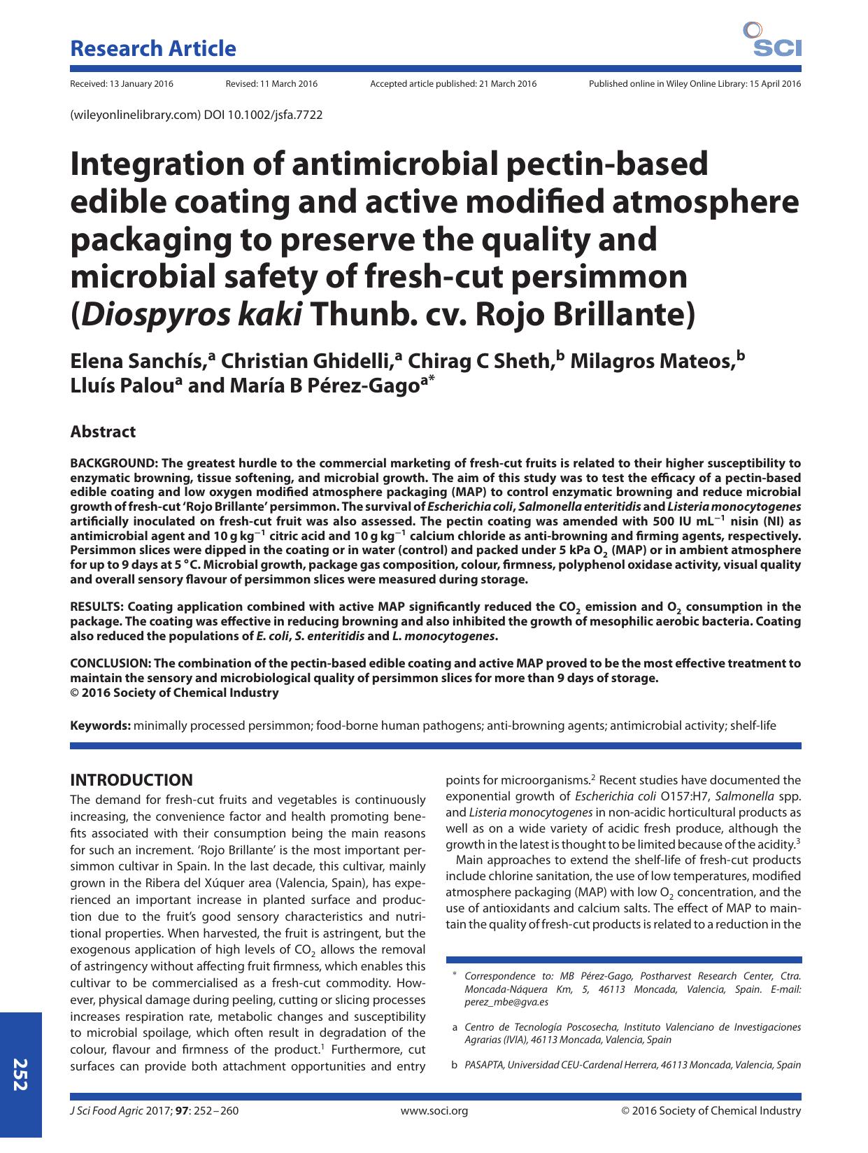 Integration of antimicrobial pectin-based edible coating and active modified atmosphere packaging to preserve the quality and microbial safety of fresh-cut persimmon (Diospyros kak by Unknown