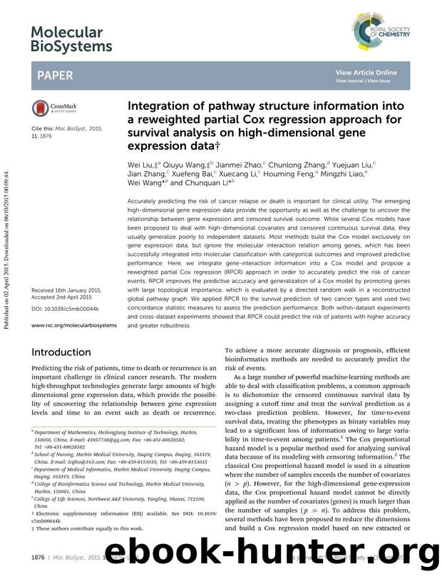 Integration of pathway structure information into a reweighted partial Cox regression approach for survival analysis on high-dimensional gene expression data by unknow