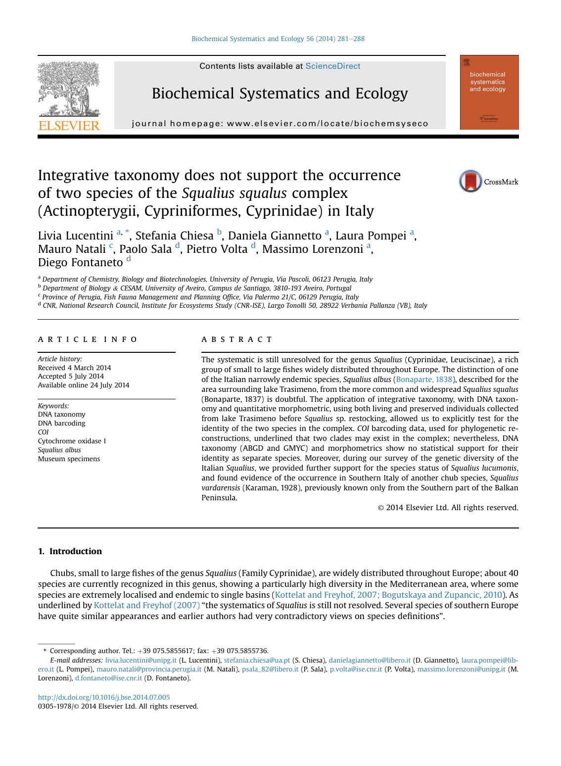 Integrative taxonomy does not support the occurrence of two species of the Squalius squalus complex (Actinopterygii, Cypriniformes, Cyprinidae) in Italy by unknow