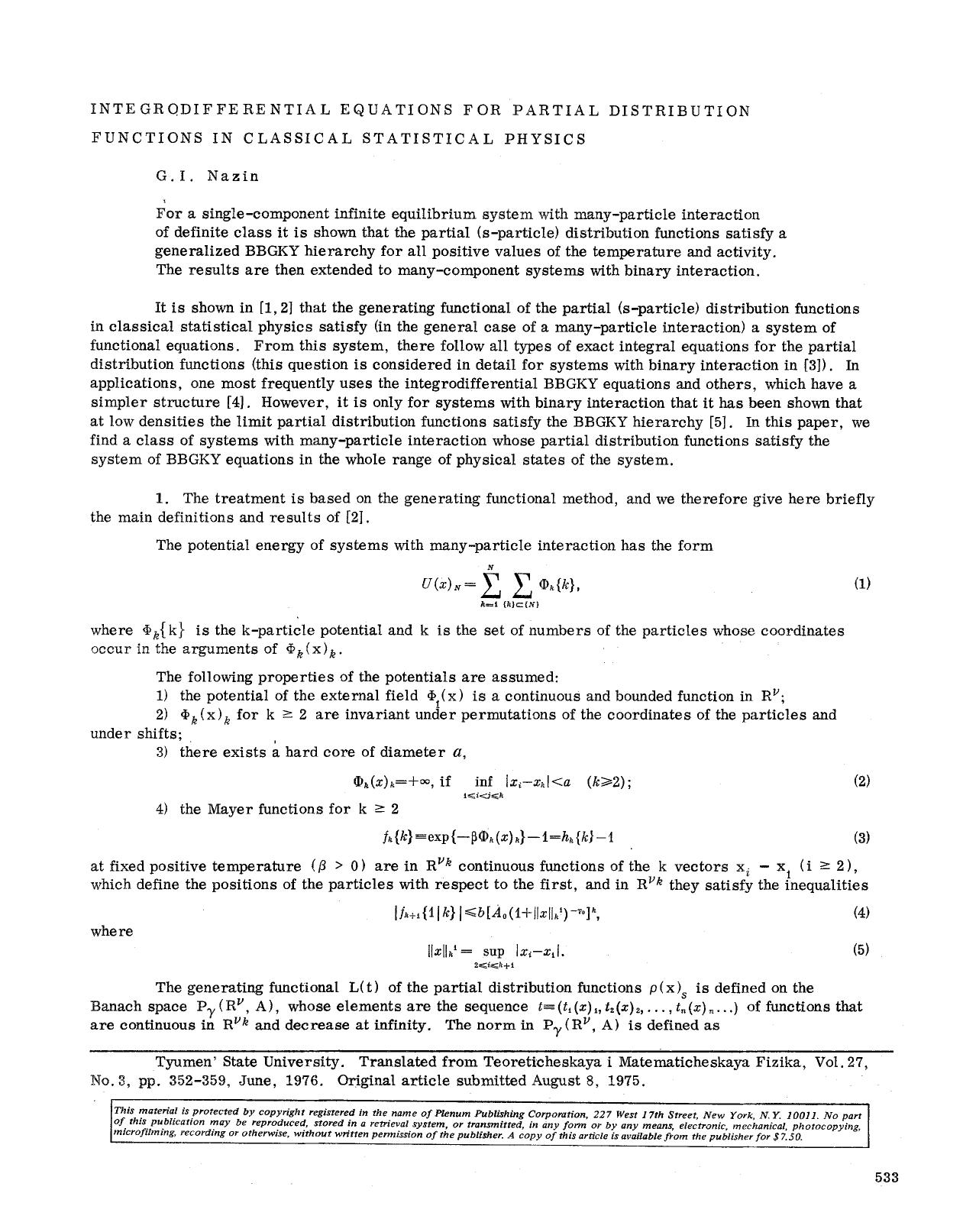 Integrodifferential equations for partial distribution functions in classical statistical physics by Unknown