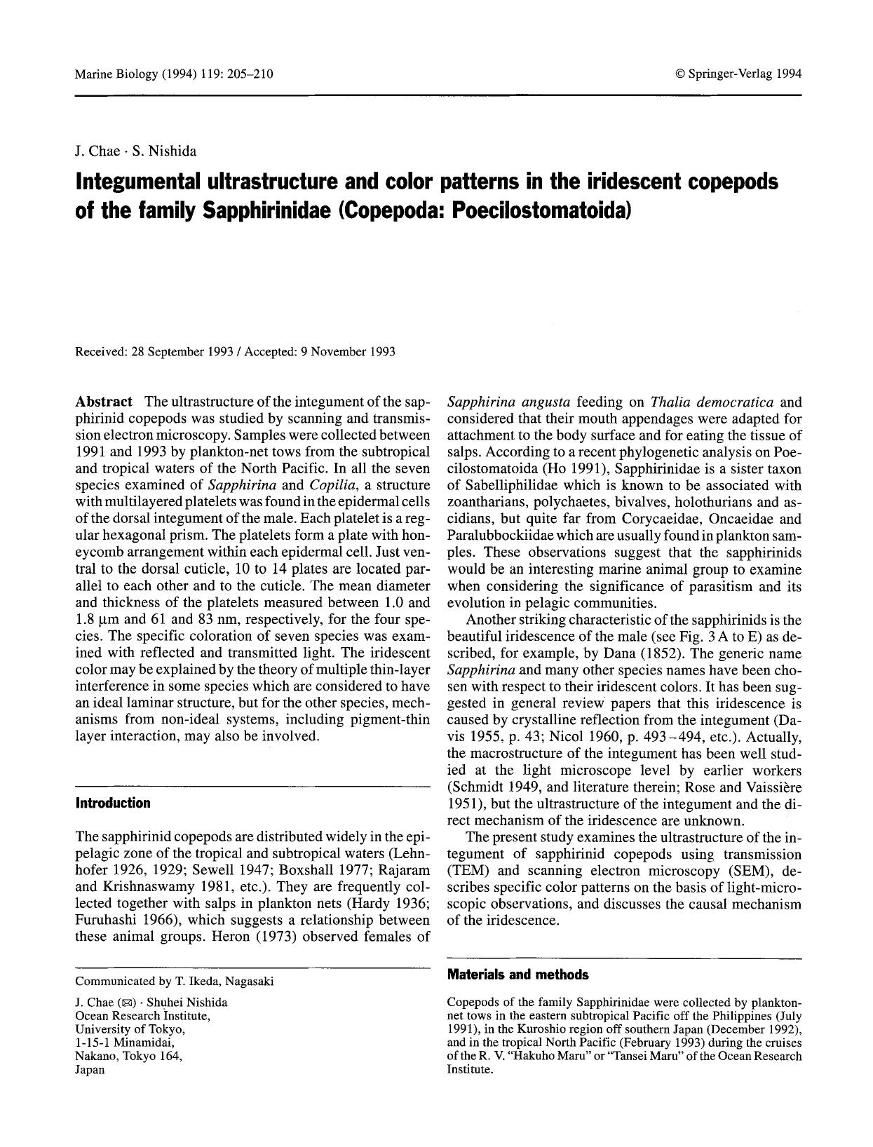 Integumental ultrastructure and color patterns in the iridescent copepods of the family Sapphirinidae (Copepoda: Poecilostomatoida) by Unknown