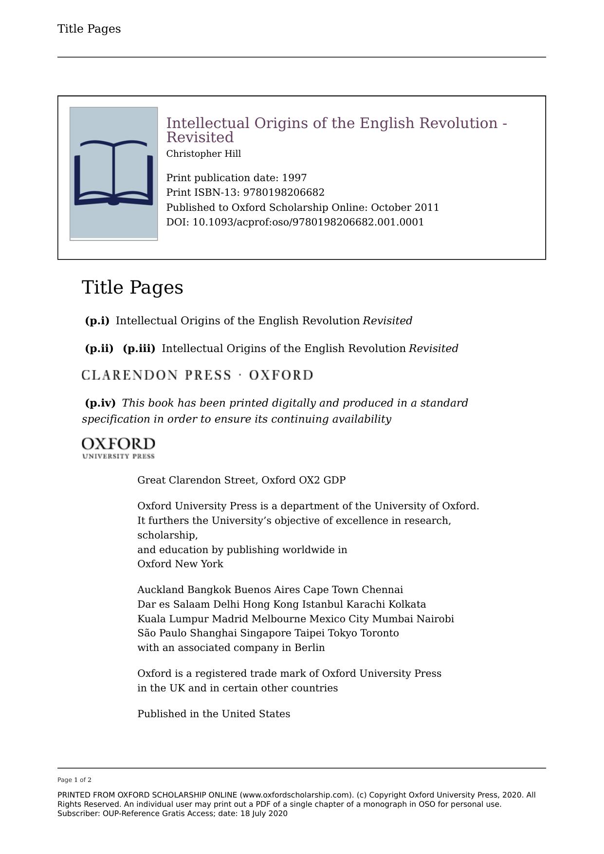 Intellectual Origins of the English Revolution--Revisited by Christopher Hill