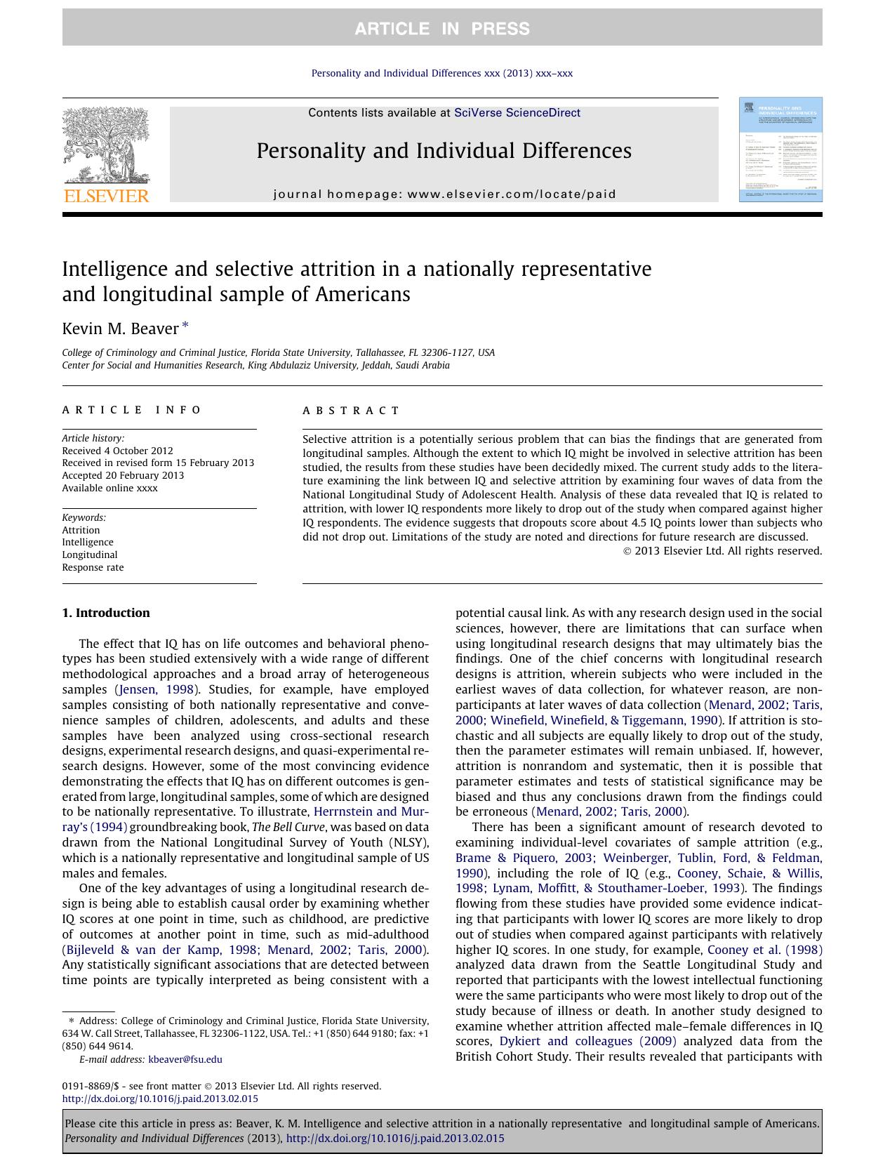 Intelligence and selective attrition in a nationally representative and longitudinal sample of Americans by Kevin M. Beaver