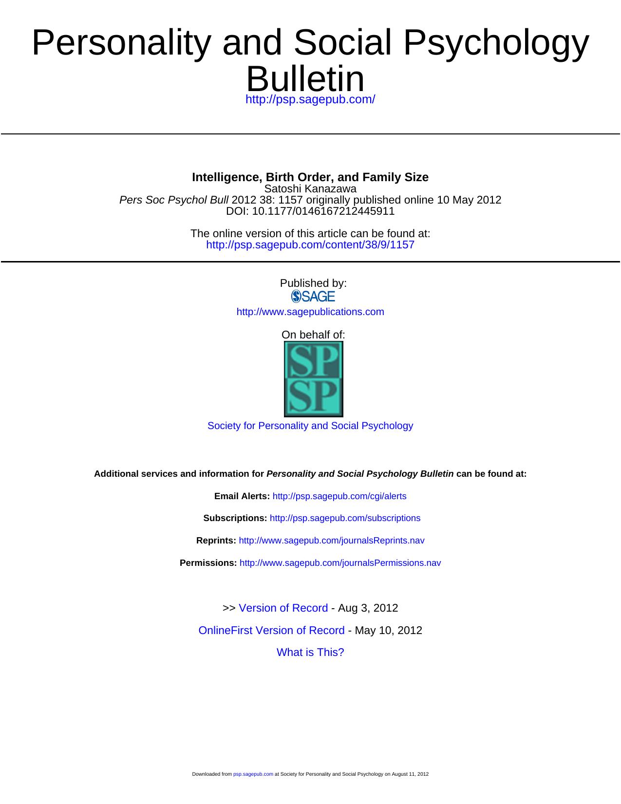 Intelligence, Birth Order and Family Size (2012) by Satoshi Kanazawa by Unknown