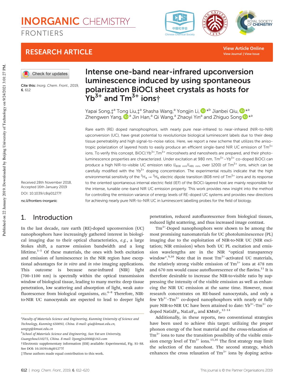 Intense one-band near-infrared upconversion luminescence induced by using spontaneous polarization BiOCl sheet crystals as hosts for Yb3+ and Tm3+ ions by unknow