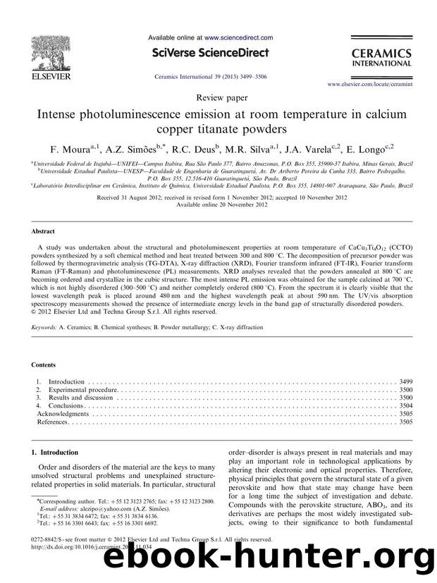 Intense photoluminescence emission at room temperature in calcium copper titanate powders by F. Moura & A.Z. Simões & R.C. Deus & M.R. Silva & J.A. Varela & E. Longo