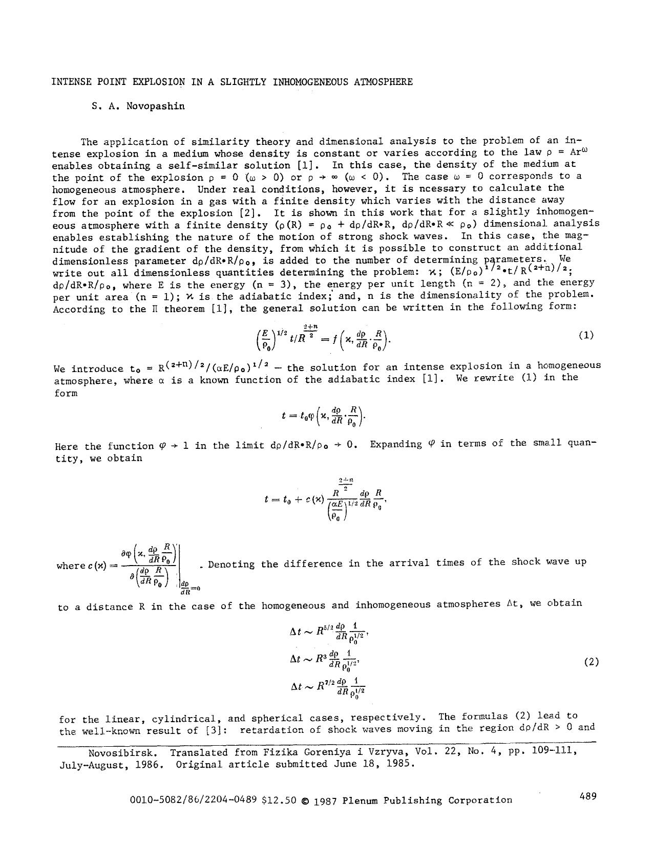 Intense point explosion in a slightly inhomogeneous atmosphere by Unknown