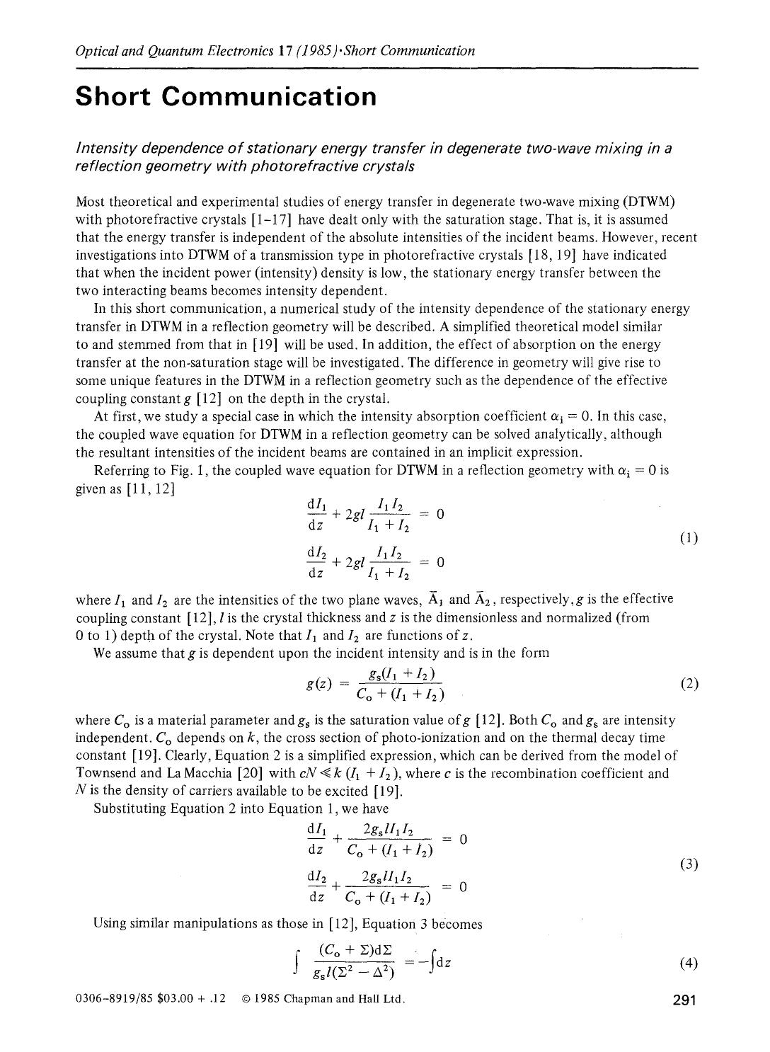 Intensity dependence of stationary energy transfer in degenerate two-wave mixing in a reflection geometry with photorefractive crystals by Unknown