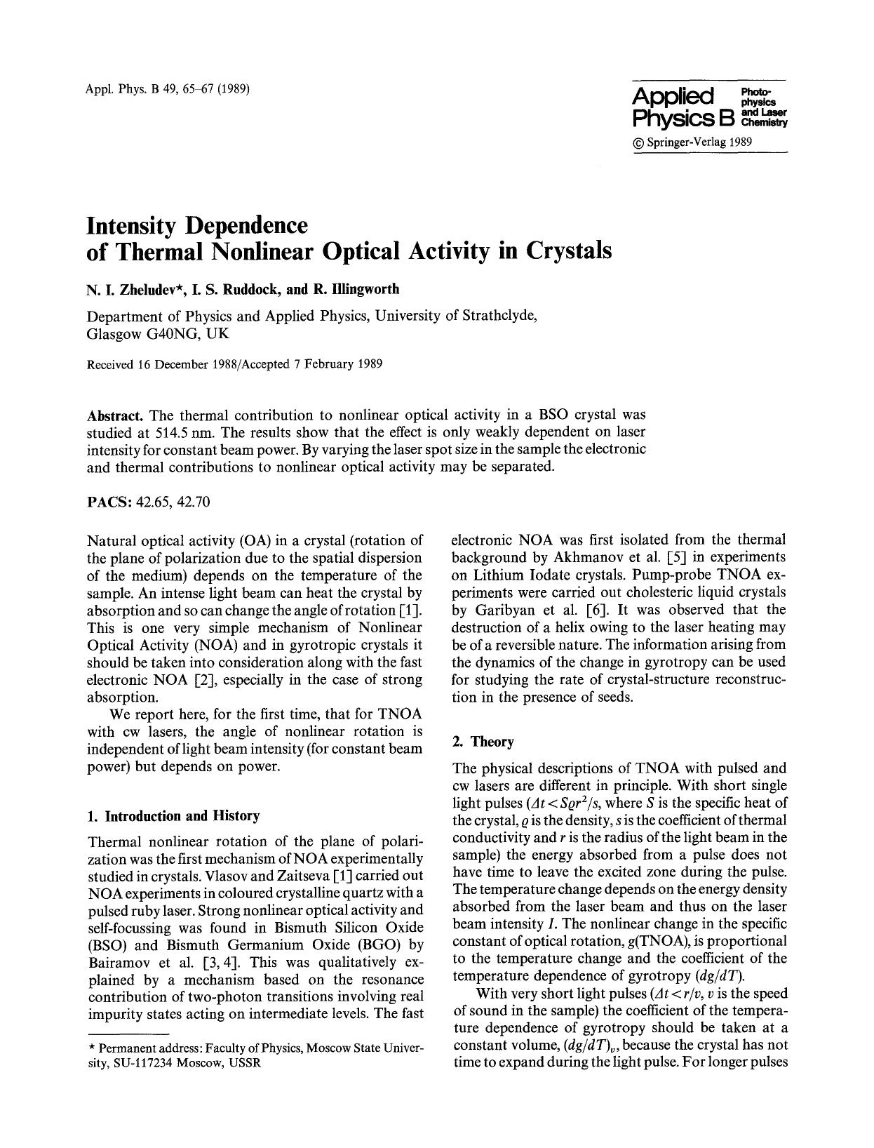 Intensity dependence of thermal nonlinear optical activity in crystals by Unknown