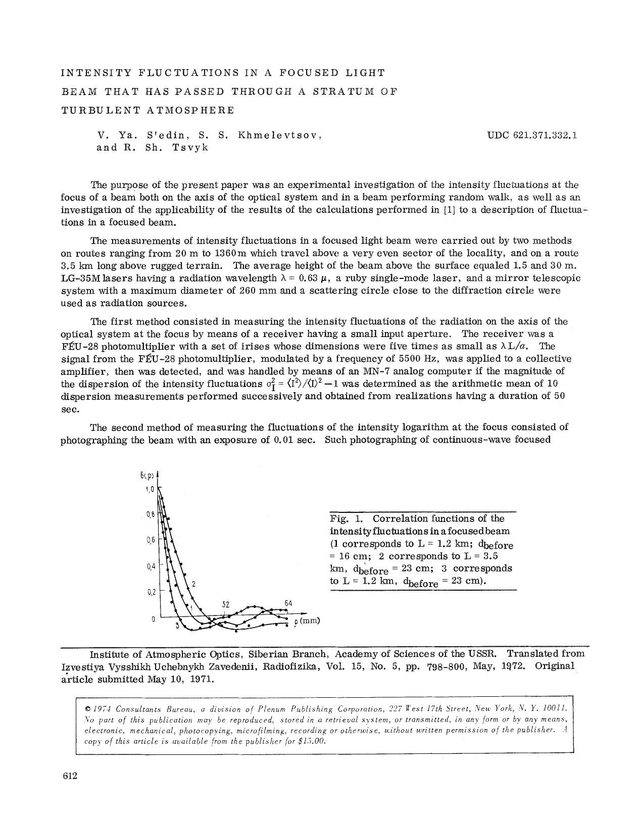 Intensity fluctuations in a focused light beam that has passed through a stratum of turbulent atmosphere by Unknown
