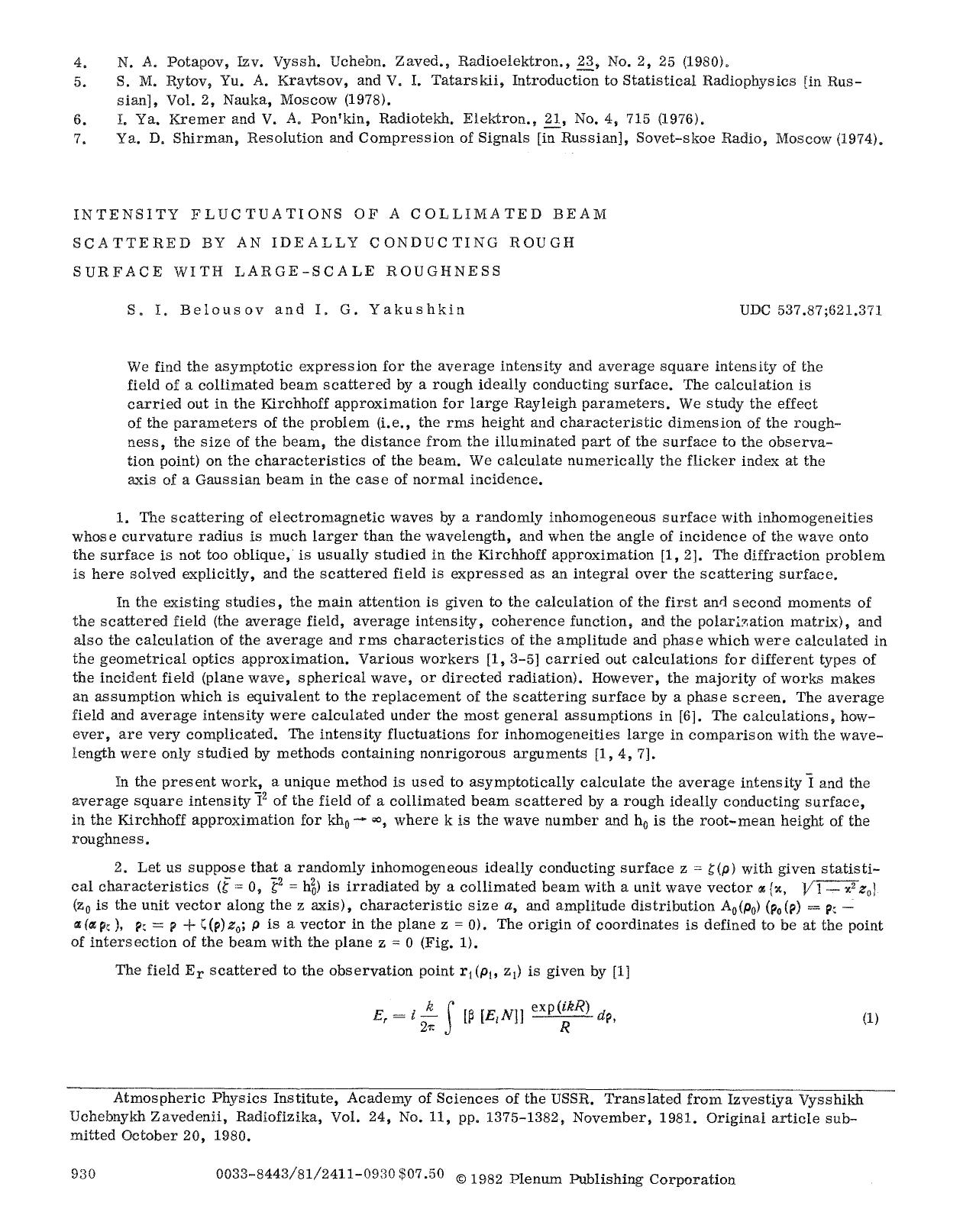 Intensity fluctuations of a collimated beam scattered by an ideally conducting rough surface with large-scale roughness by Unknown
