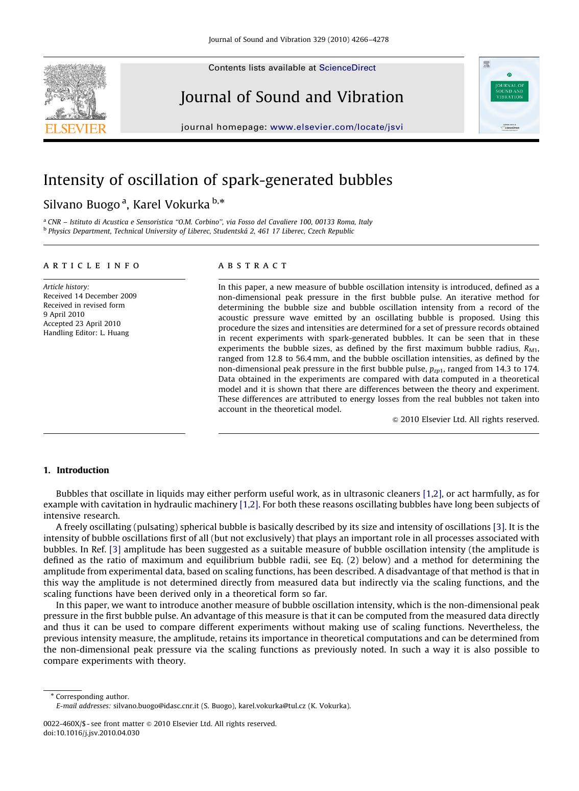 Intensity of oscillation of spark-generated bubbles by Silvano Buogo; Karel Vokurka