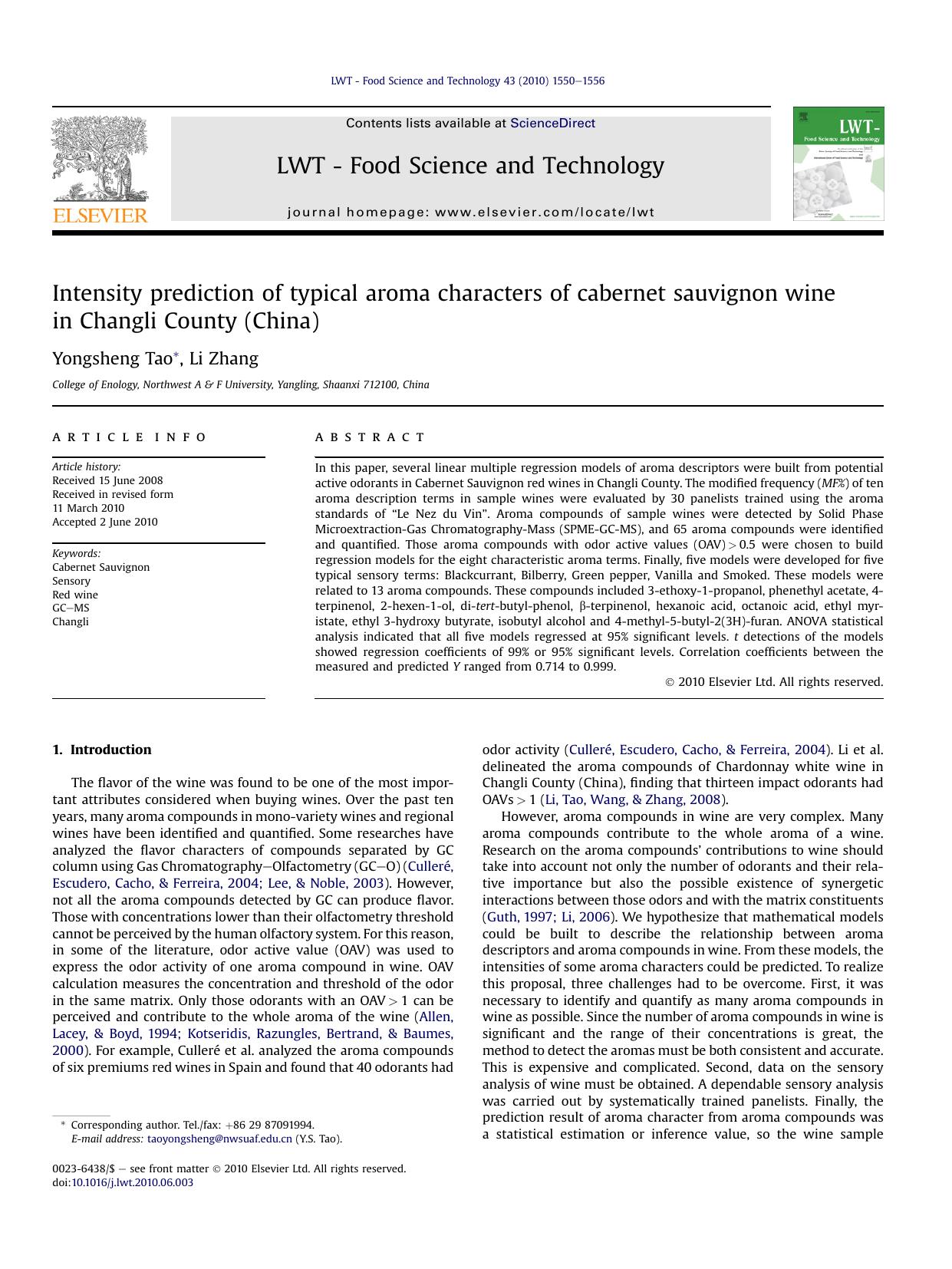 Intensity prediction of typical aroma characters of cabernet sauvignon wine in Changli County (China) by Yongsheng Tao & Li Zhang