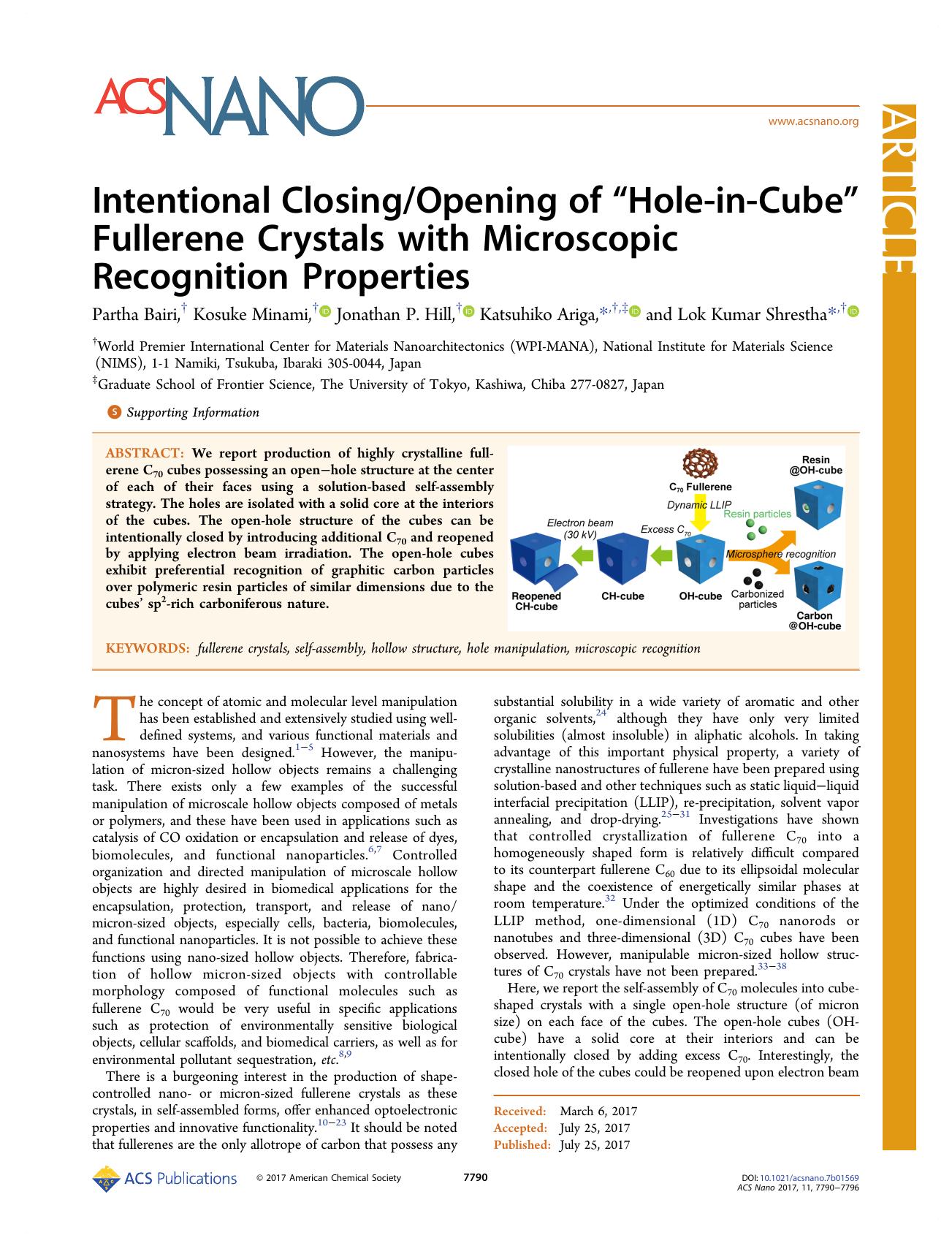 Intentional ClosingOpening of âHole-in-Cubeâ Fullerene Crystals with Microscopic Recognition Properties by Partha Bairi Kosuke Minami Jonathan P. Hill Katsuhiko Ariga & Lok Kumar Shrestha