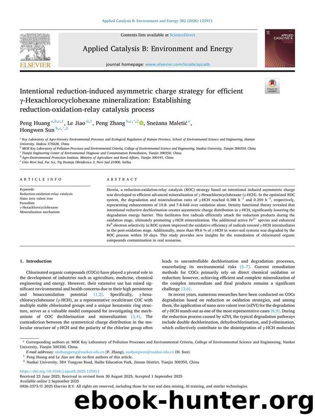 Intentional reduction-induced asymmetric charge strategy for efficient Î³-Hexachlorocyclohexane mineralization: Establishing reduction-oxidation-relay catalysis process by Peng Huang & Le Jiao & Peng Zhang & Snežana Maletić & Hongwen Sun