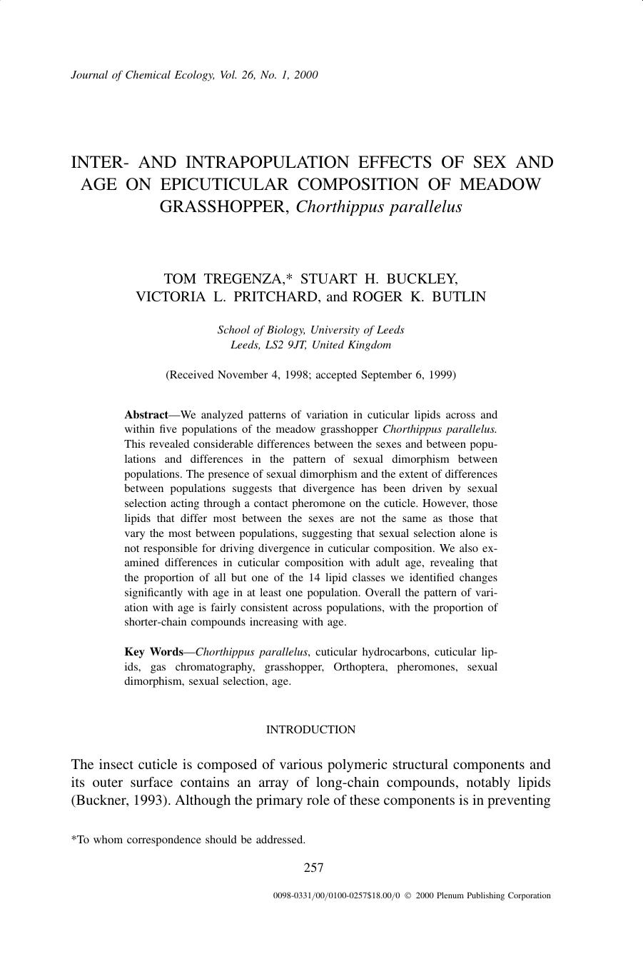 Inter- and Intrapopulation Effects of Sex and Age on Epicuticular Composition of Meadow Grasshopper, Chorthippus Parallelus by Unknown