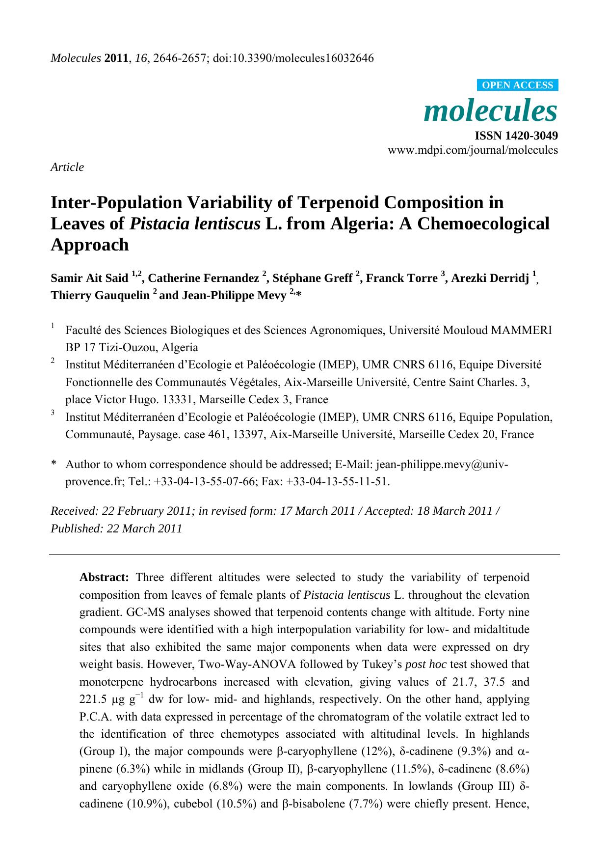 Inter-Population Variability of Terpenoid Composition in Leaves of Pistacia lentiscus L. from Algeria: A Chemoecological Approach by unknow