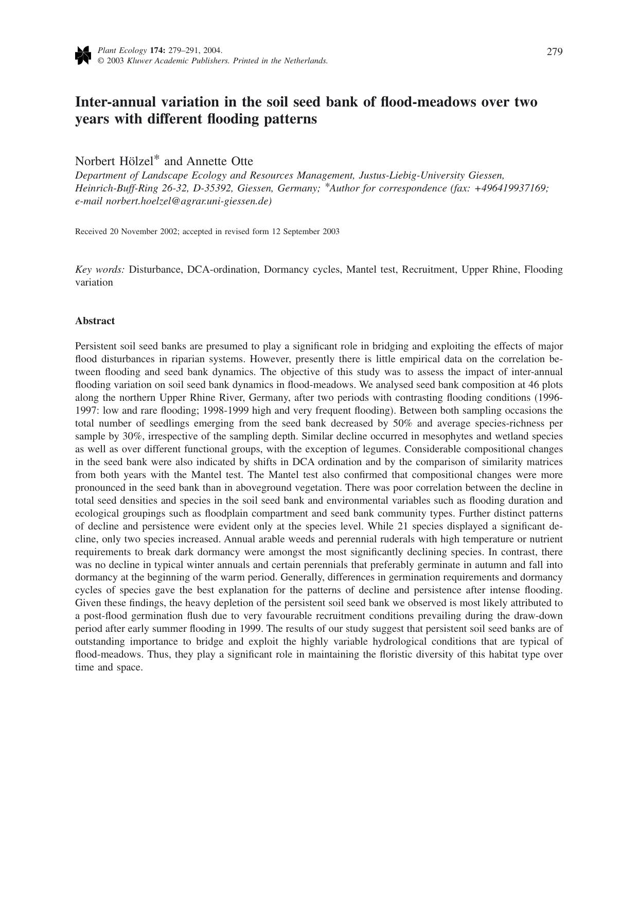Inter-annual variation in the soil seed bank of flood-meadows over two years with different flooding patterns by Unknown