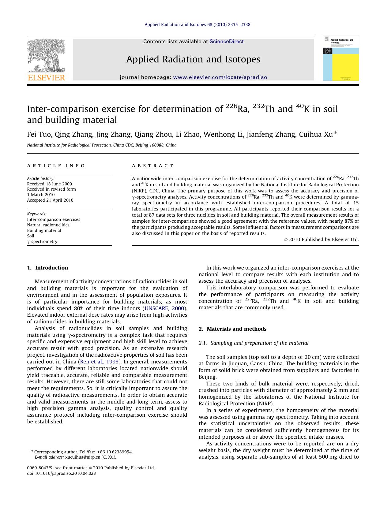 Inter-comparison exercise for determination of 226Ra, 232Th and 40K in soil and building material by Fei Tuo & Qing Zhang & Jing Zhang & Qiang Zhou & Li Zhao & Wenhong Li & Jianfeng Zhang & Cuihua Xu