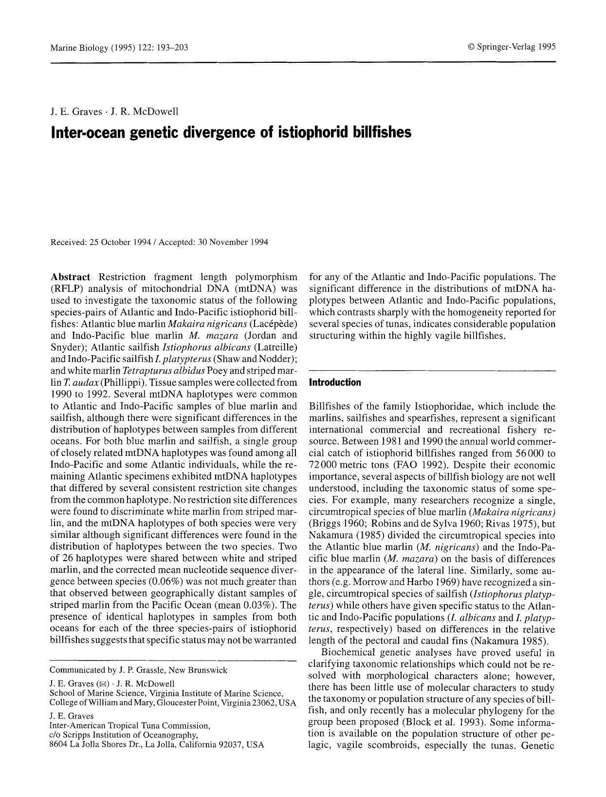 Inter-ocean genetic divergence of istiophorid billfishes by Unknown
