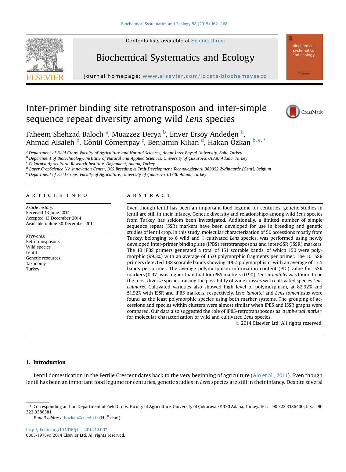 Inter-primer binding site retrotransposon and inter-simple sequence repeat diversity among wild Lens species by unknow
