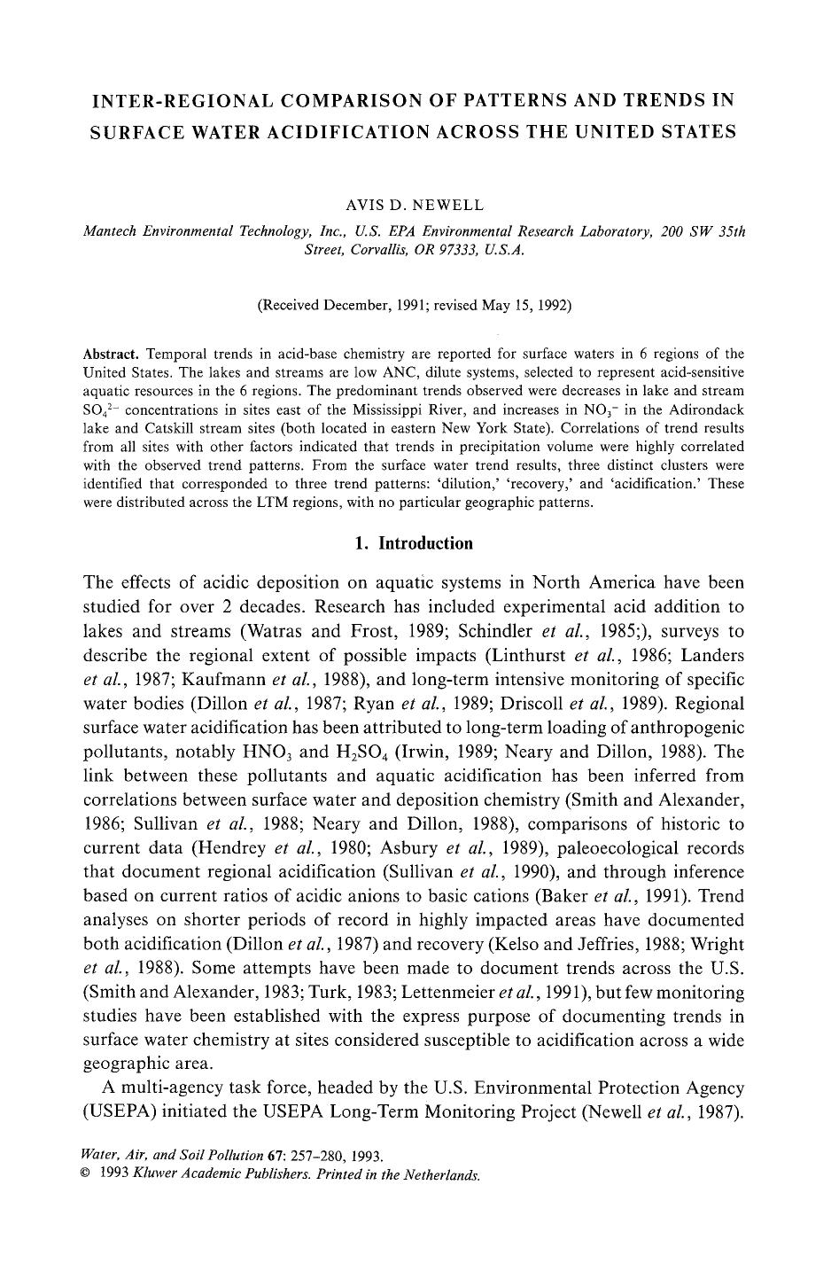 Inter-regional comparison of patterns and trends in surface water acidification across the United States by Unknown