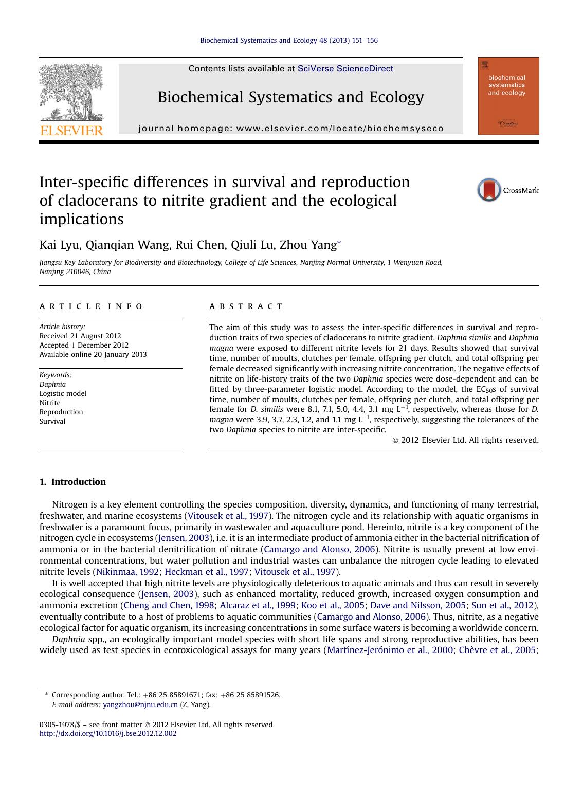 Inter-specific differences in survival and reproduction of cladocerans to nitrite gradient and the ecological implications by Kai Lyu & Qianqian Wang & Rui Chen & Qiuli Lu & Zhou Yang