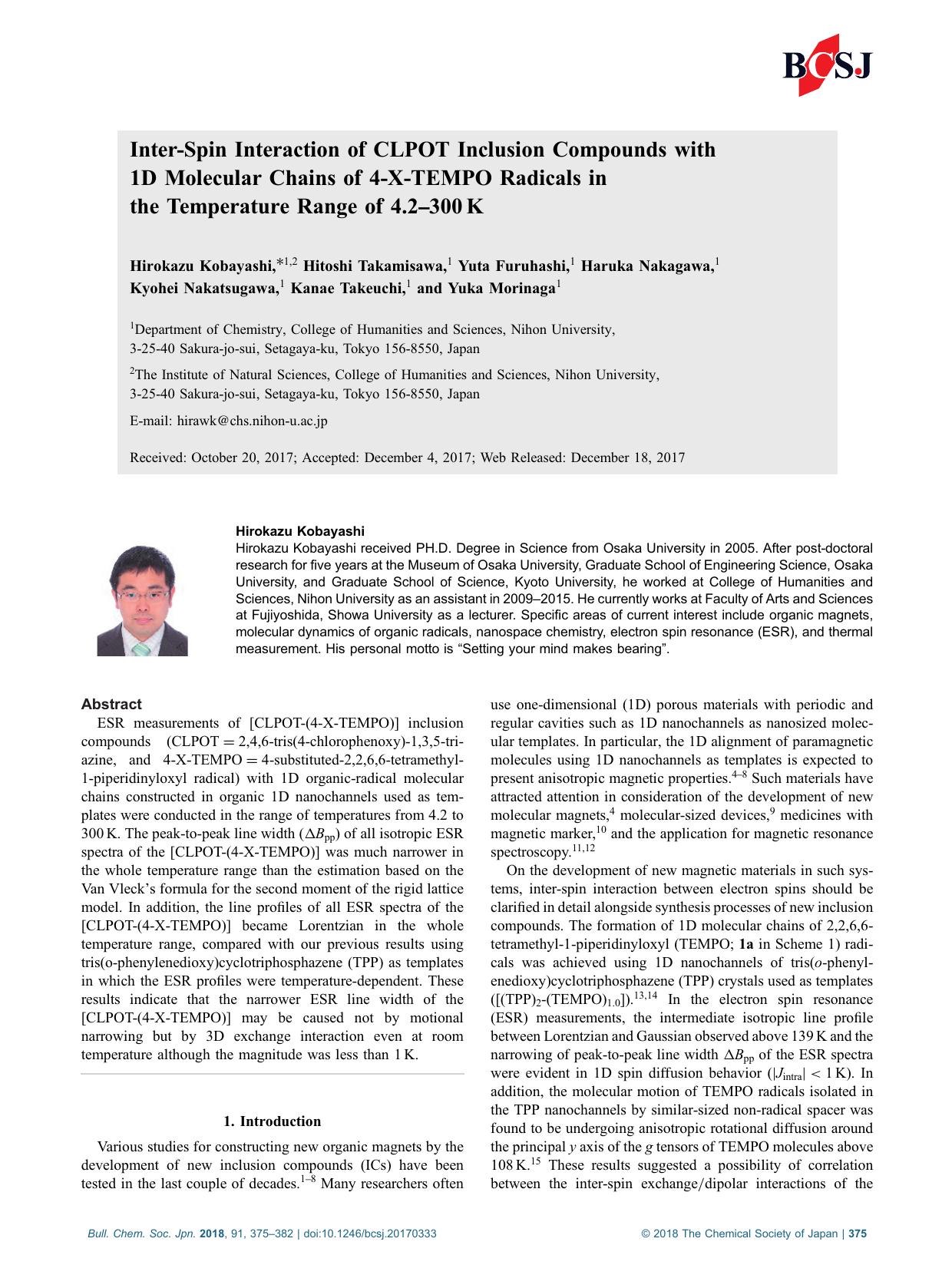 Inter-spin interaction of CLPOT inclusion compounds with 1D molecular chains of 4-X-TEMPO radicals in the temperature range of 4.2â300K by Unknown