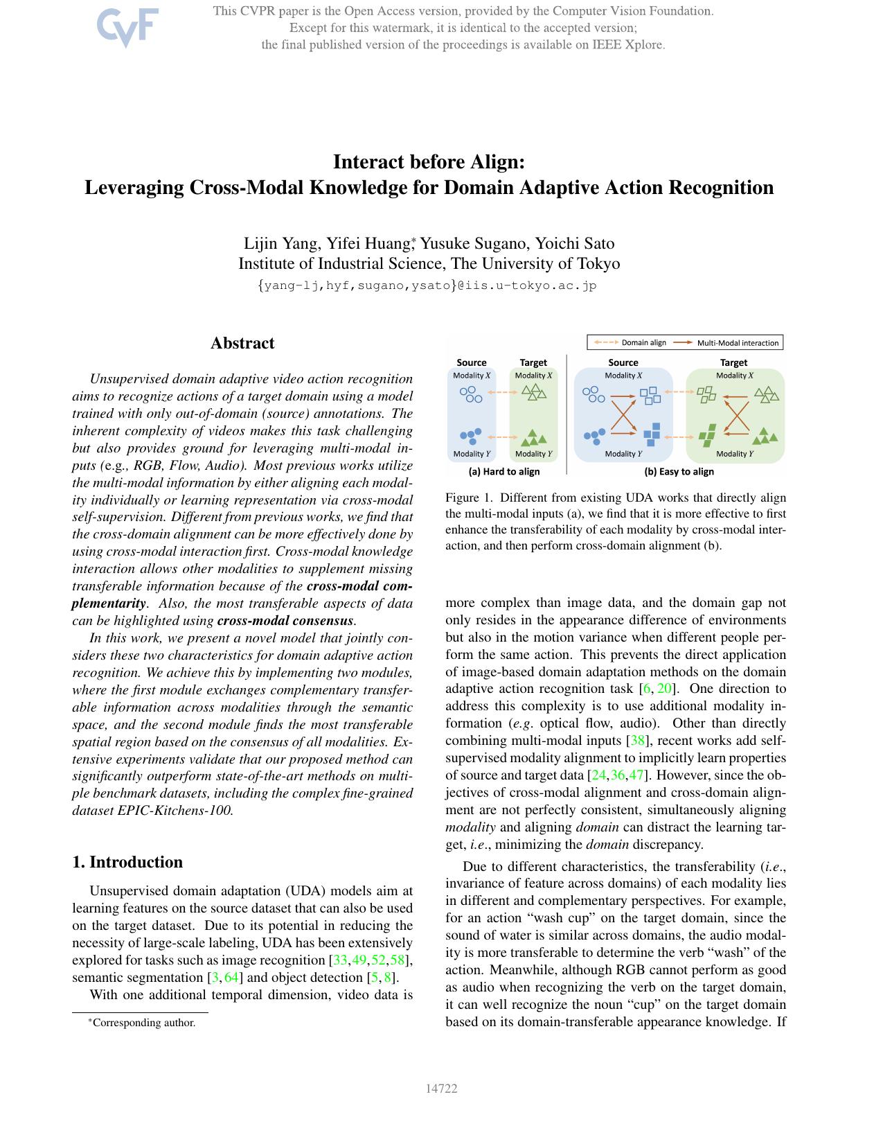 Interact Before Align: Leveraging Cross-Modal Knowledge for Domain Adaptive Action Recognition by Lijin Yang & Yifei Huang & Yusuke Sugano & Yoichi Sato