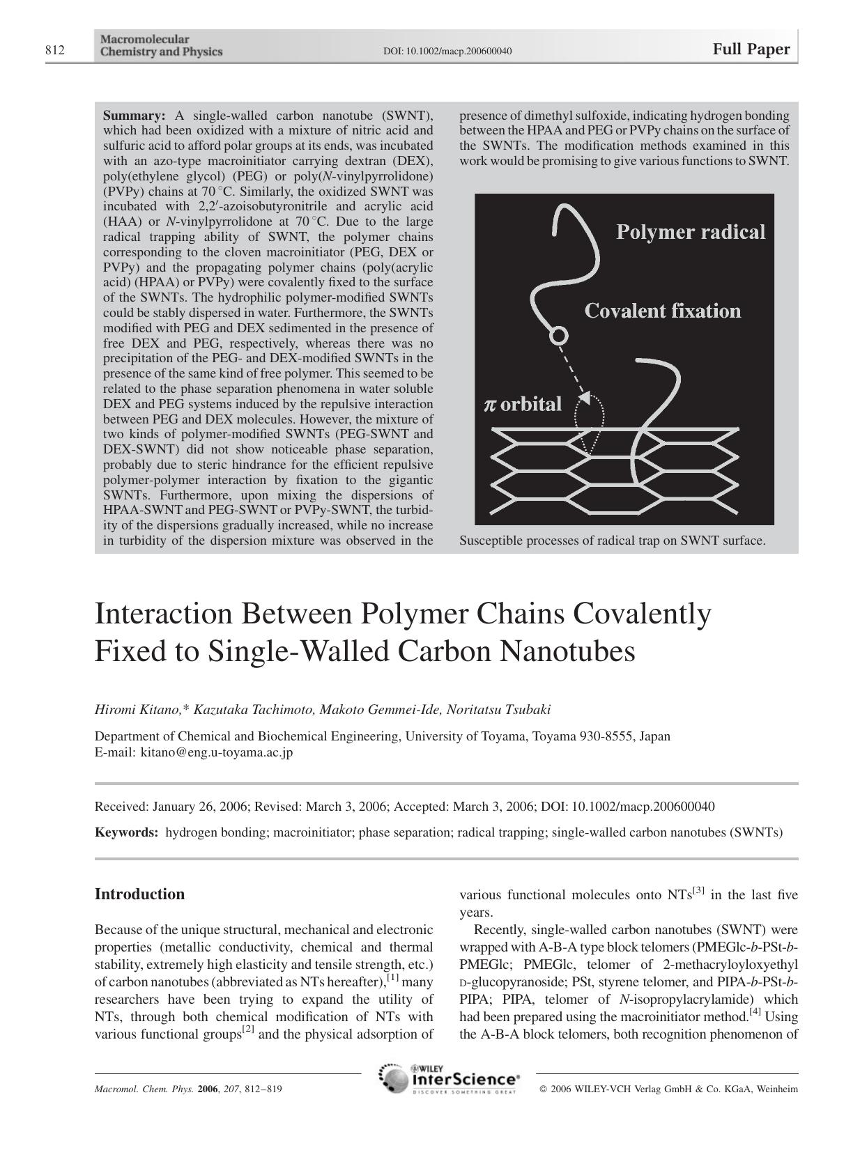 Interaction Between Polymer Chains Covalently Fixed to Single-Walled Carbon Nanotubes by Unknown