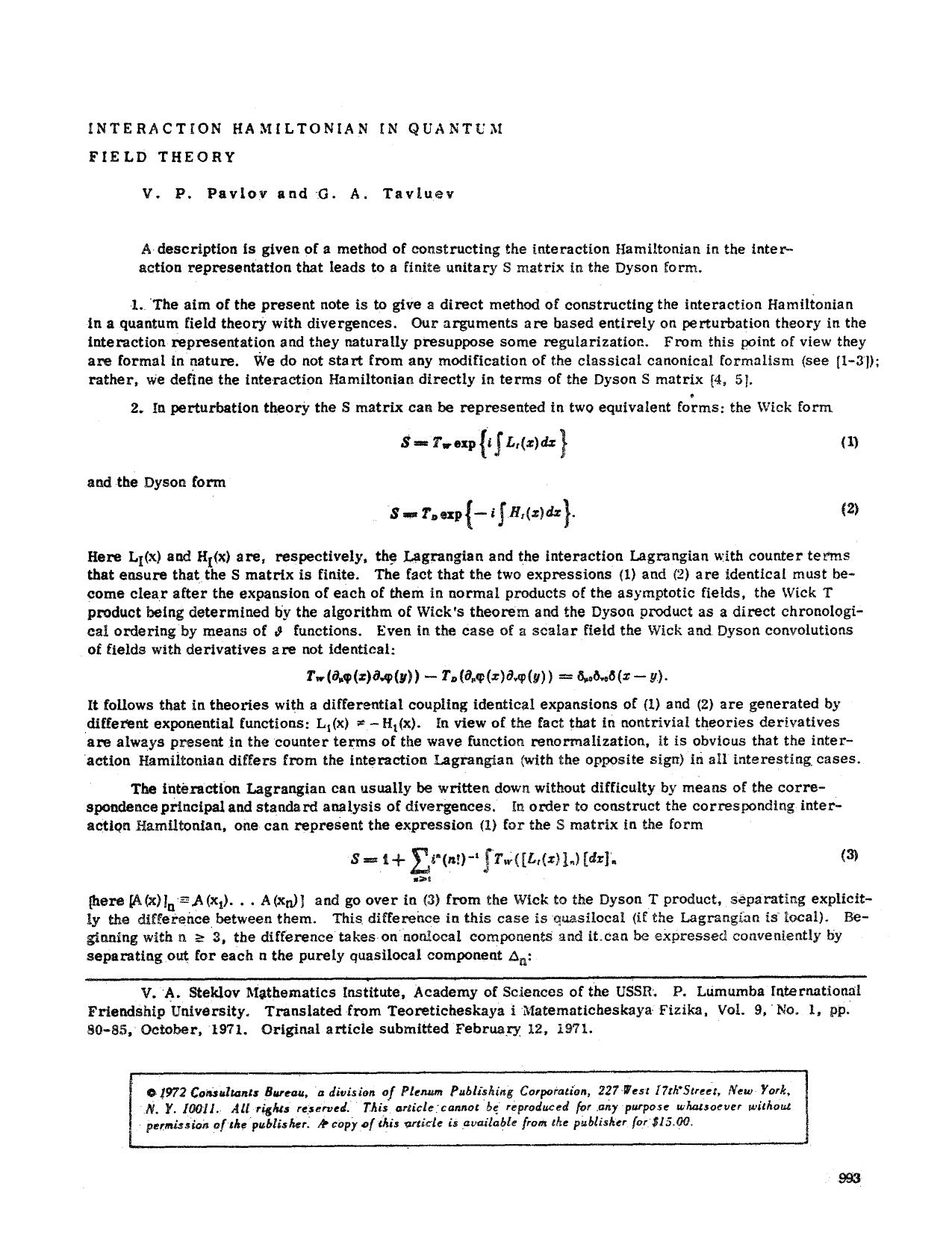 Interaction Hamiltonian in quantum field theory by Unknown