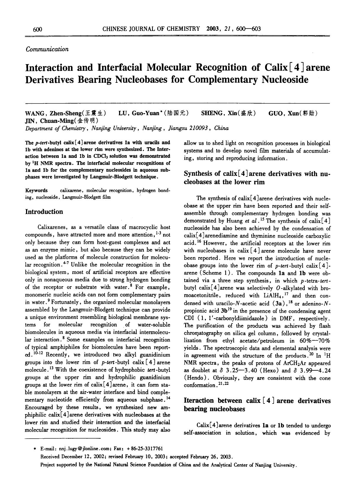 Interaction and Interfacial Molecular Recognition of Calix [4] arene Derivatives Bearing Nucleobases for Complementary Nucleoside by Unknown