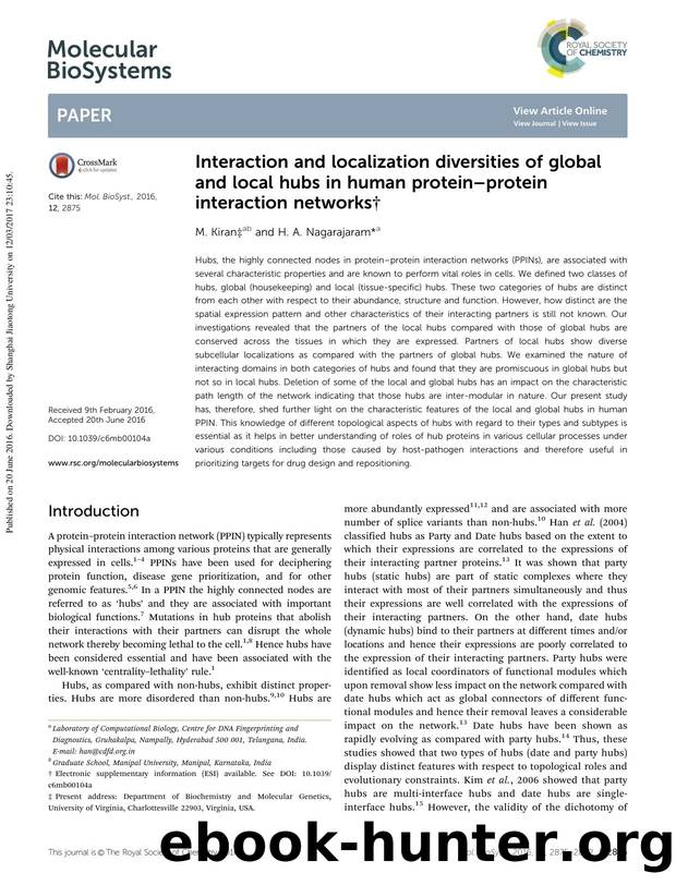 Interaction and localization diversities of global and local hubs in human protein–protein interaction networks by M. Kiran & H. A. Nagarajaram