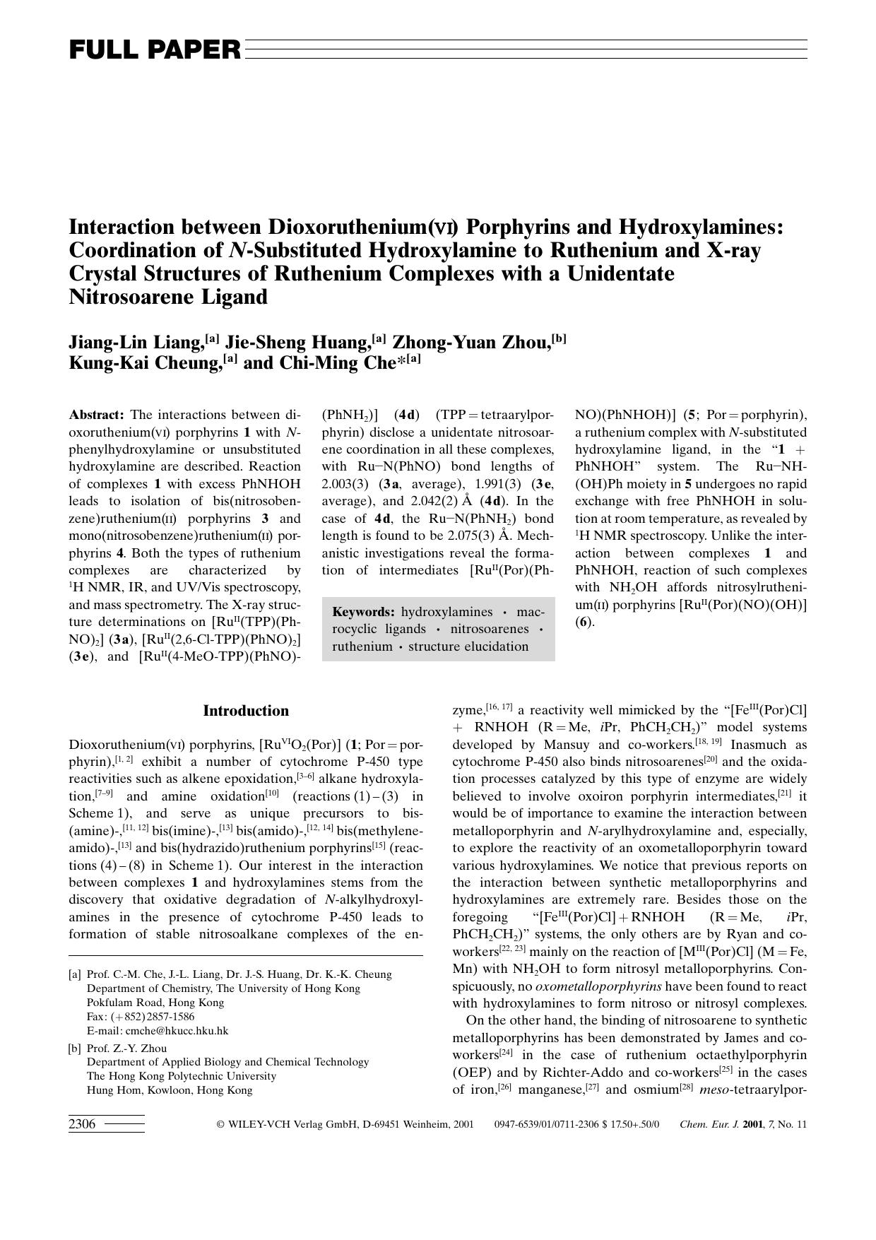 Interaction between Dioxoruthenium(VI) Porphyrins and Hydroxylamines: Coordination of N-Substituted Hydroxylamine to Ruthenium and X-ray Crystal Structures of Ruthenium Complexes w by Unknown