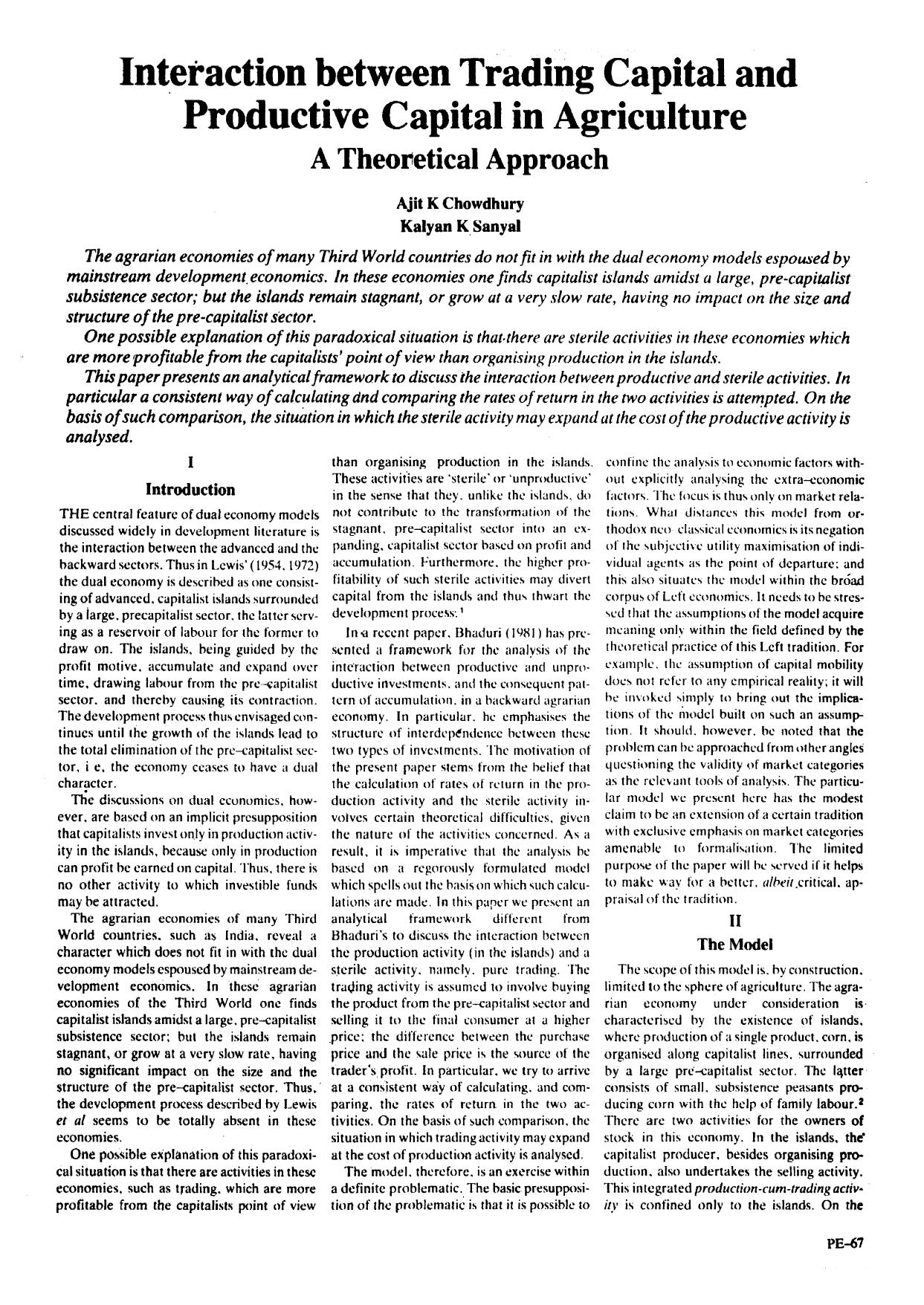 Interaction between Trading Capital and Productive Capital in Agriculture A Theoretical Approach by Ajit Chaudhury and Kalyan K Sanyal