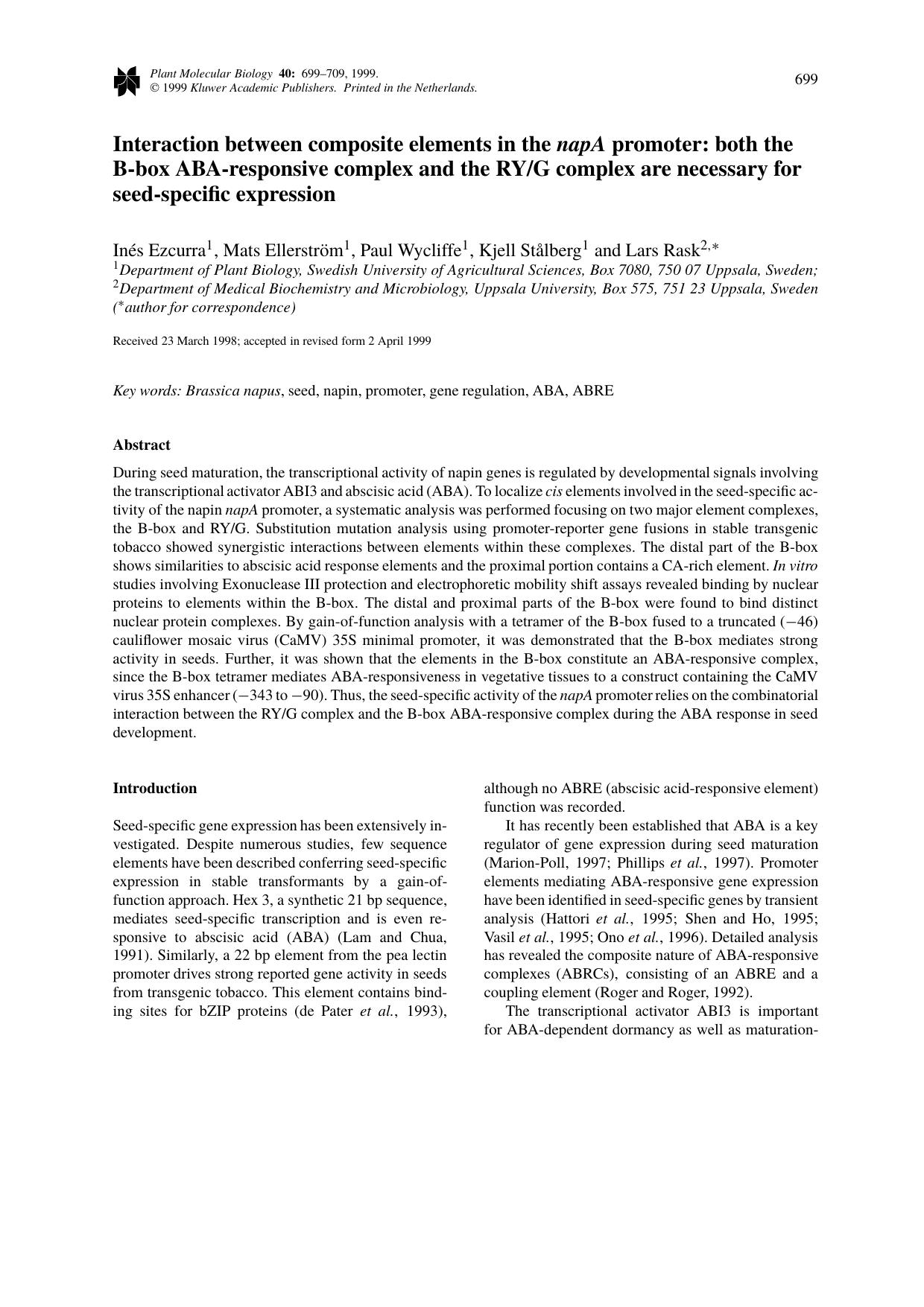 Interaction between composite elements in the napA promoter: both the B-box ABA-responsive complex and the RYG complex are necessary for seed-specific expression by Unknown