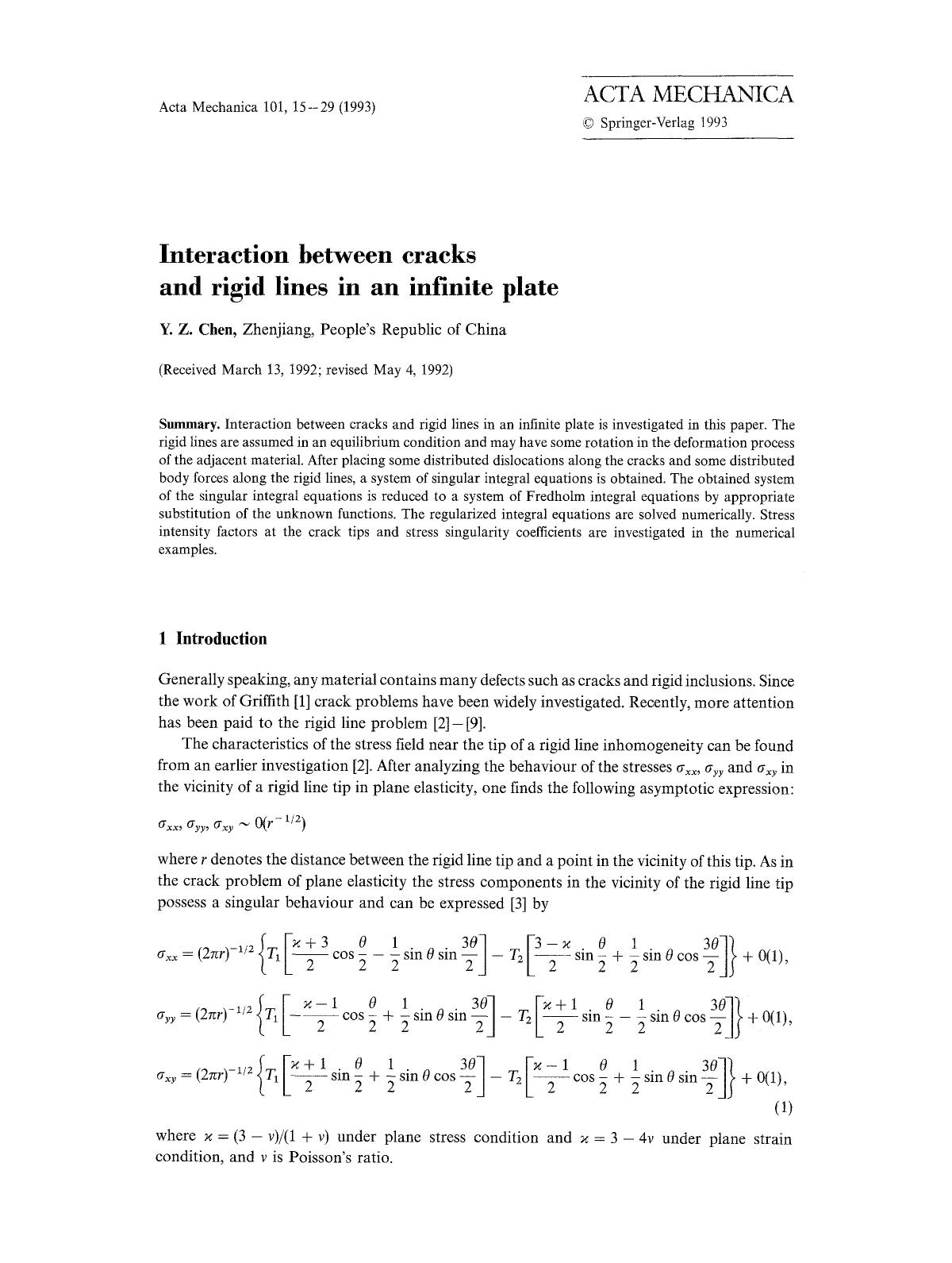Interaction between cracks and rigid lines in an infinite plate by Unknown