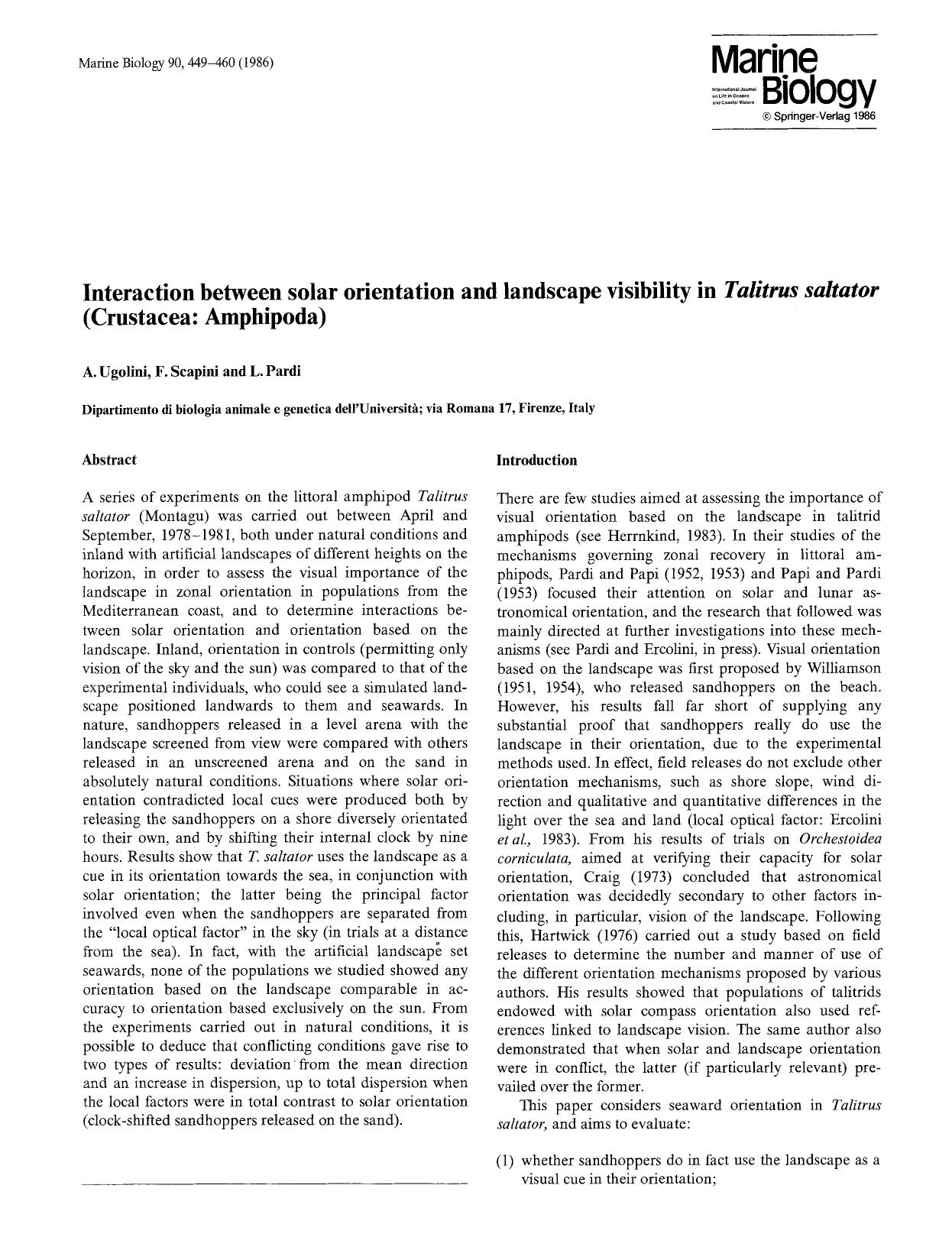 Interaction between solar orientation and landscape visibility in <Emphasis Type="Italic">Talitrus saltator<Emphasis> (Crustacea: Amphipoda) by Unknown