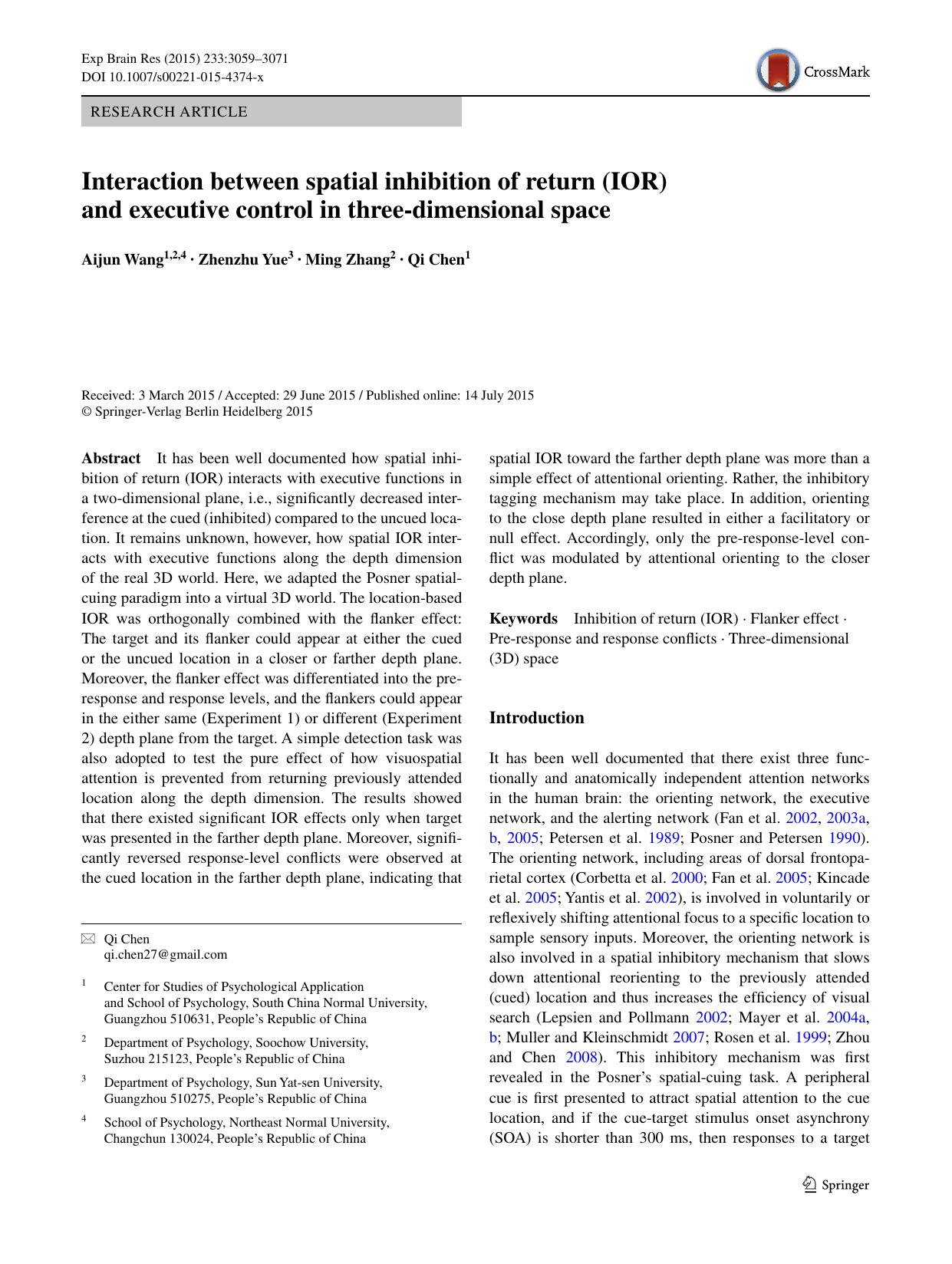 Interaction between spatial inhibition of return (IOR) and executive control in three-dimensional space by Aijun Wang & Zhenzhu Yue & Ming Zhang & Qi Chen