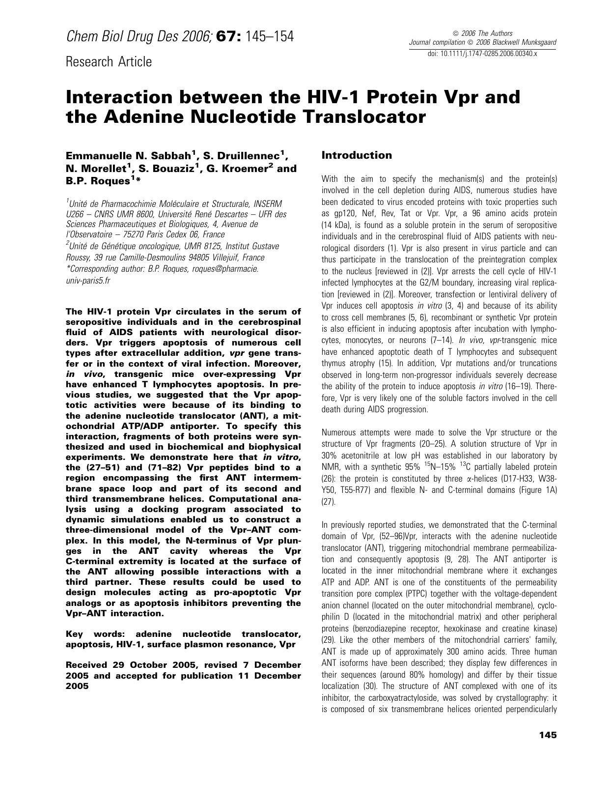 Interaction between the HIV-1 Protein Vpr and the Adenine Nucleotide Translocator by unknow